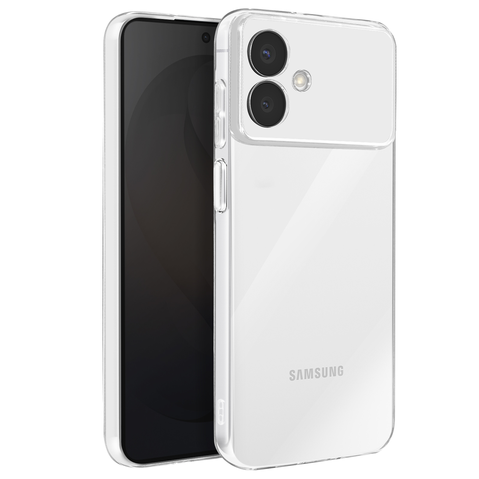 Une coque de téléphone transparente avec un smartphone à l'intérieur.