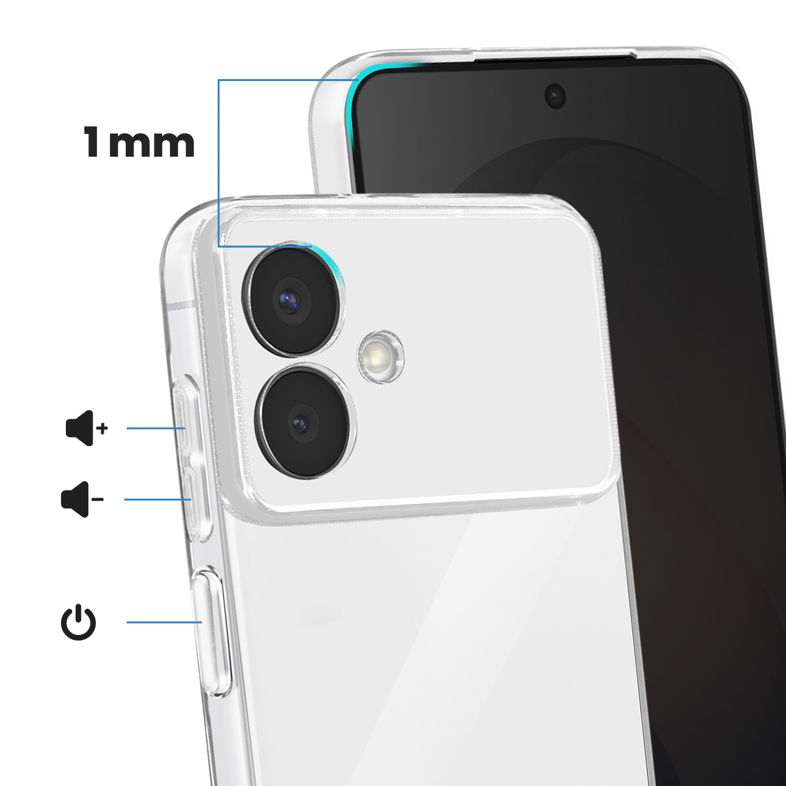 Coque de téléphone transparente avec bord de 1 mm, objectifs et boutons.