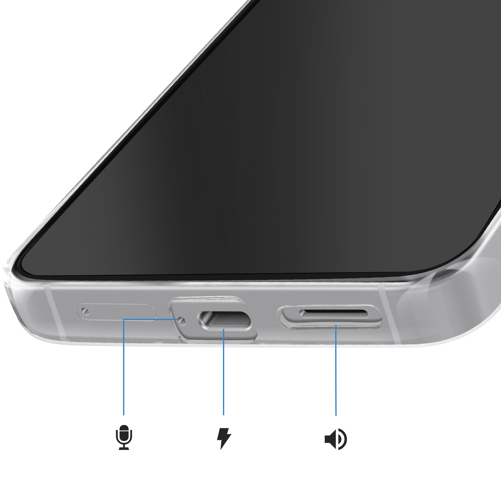 Gros plan du bas d'un smartphone : port de charge, micro et haut-parleur.