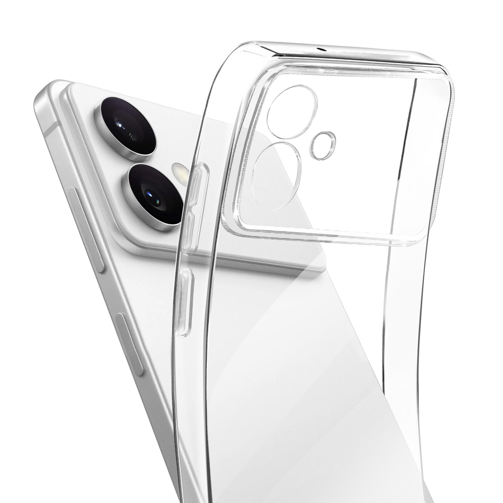 Une coque de téléphone transparente mettant en valeur la caméra et le bord.