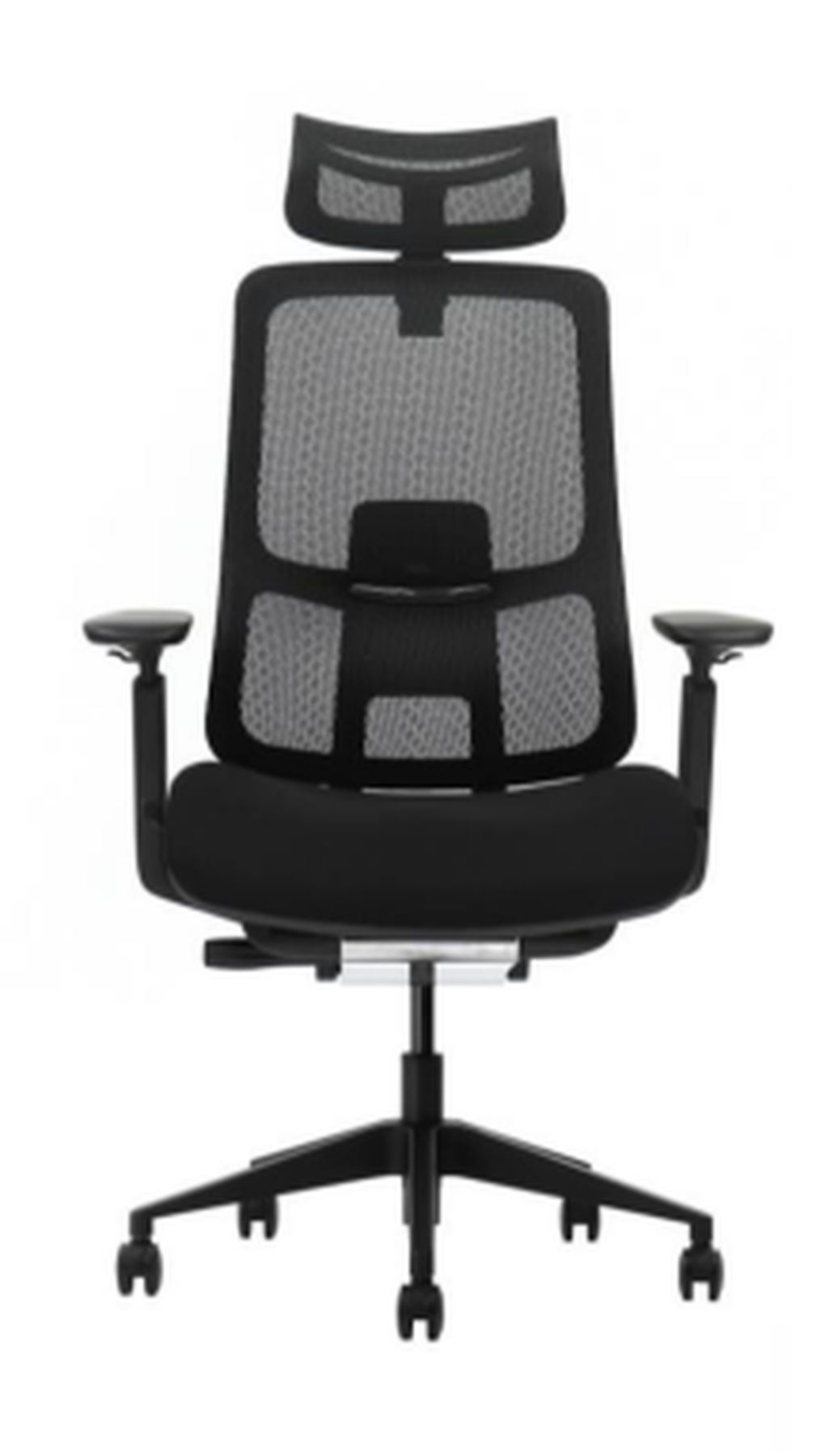 Czarny fotel biurowy z siatkowanym oparciem i regulowanym zagłówkiem.