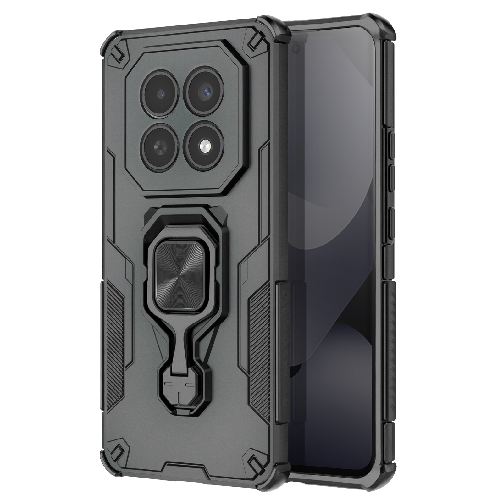 Coque de téléphone noire avec quatre caméras et support anneau.