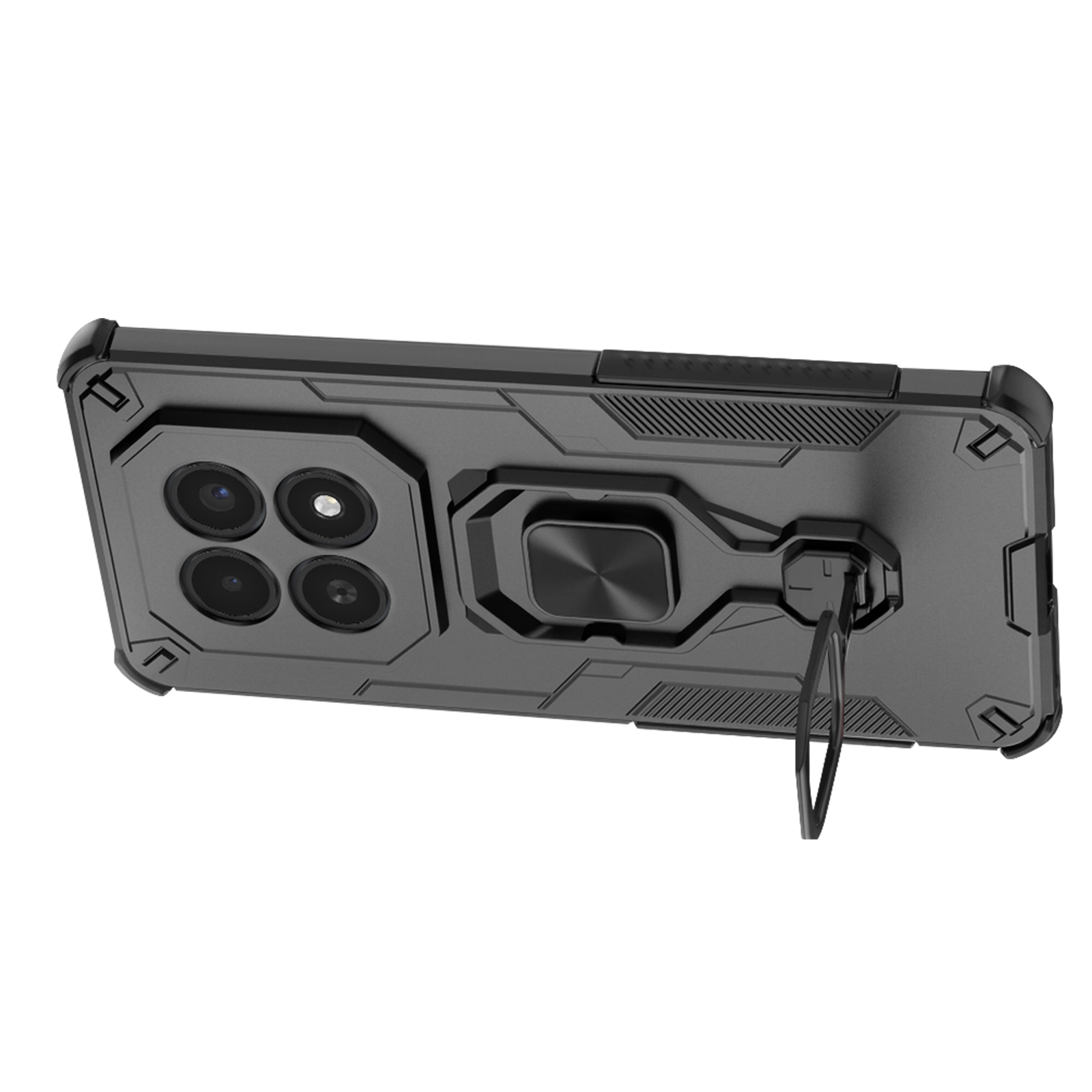 Coque de téléphone noire avec quatre caméras et un support anneau.