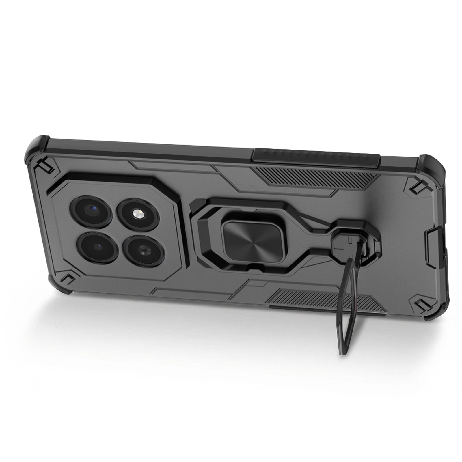 Coque de téléphone noire avec quatre caméras et support anneau intégré.
