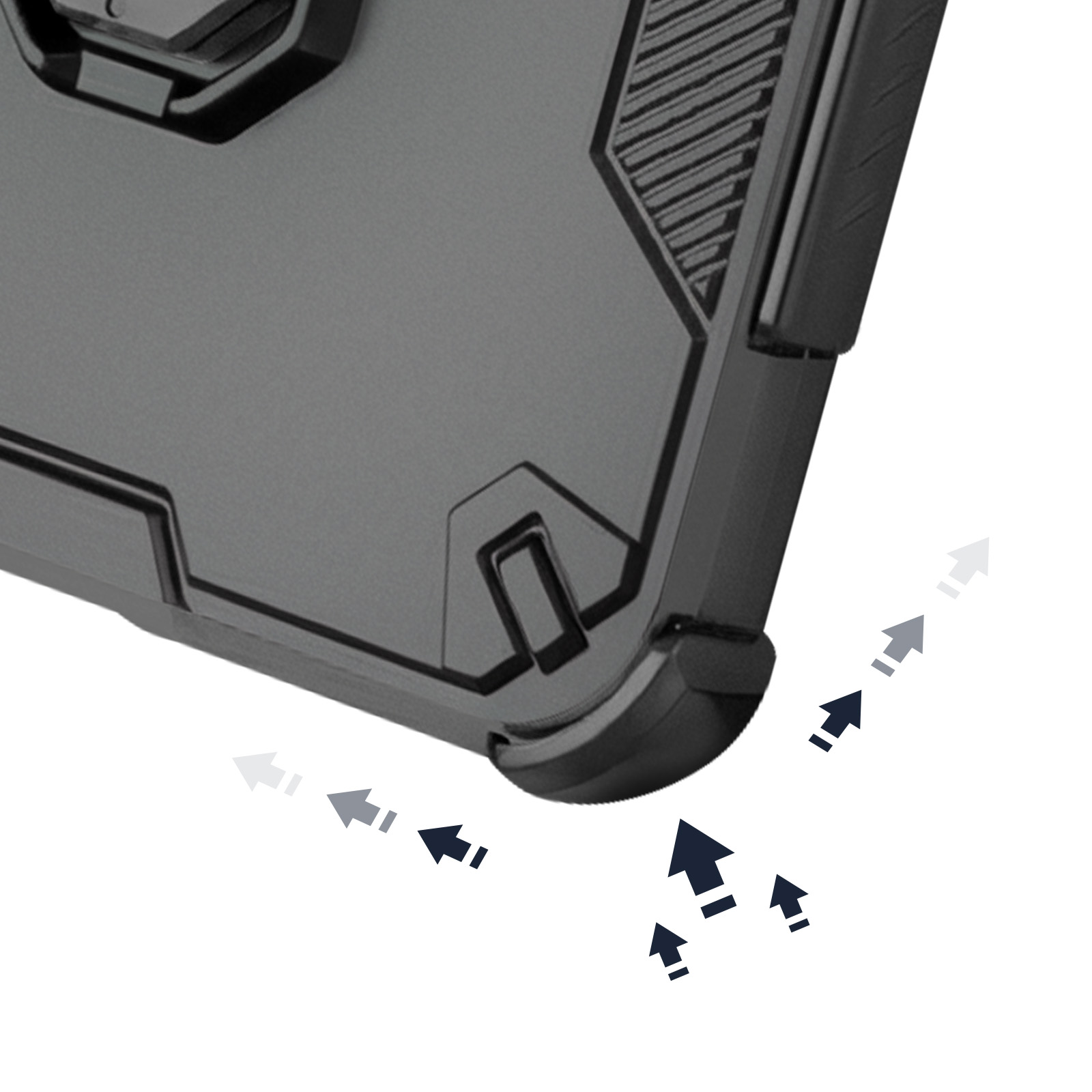 Coque de téléphone noire avec des flèches indiquant la protection.