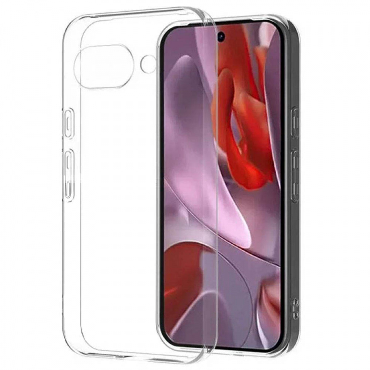 Ein transparenter Handyhülle liegt auf einem Smartphone mit rotem und lila Hintergrund.