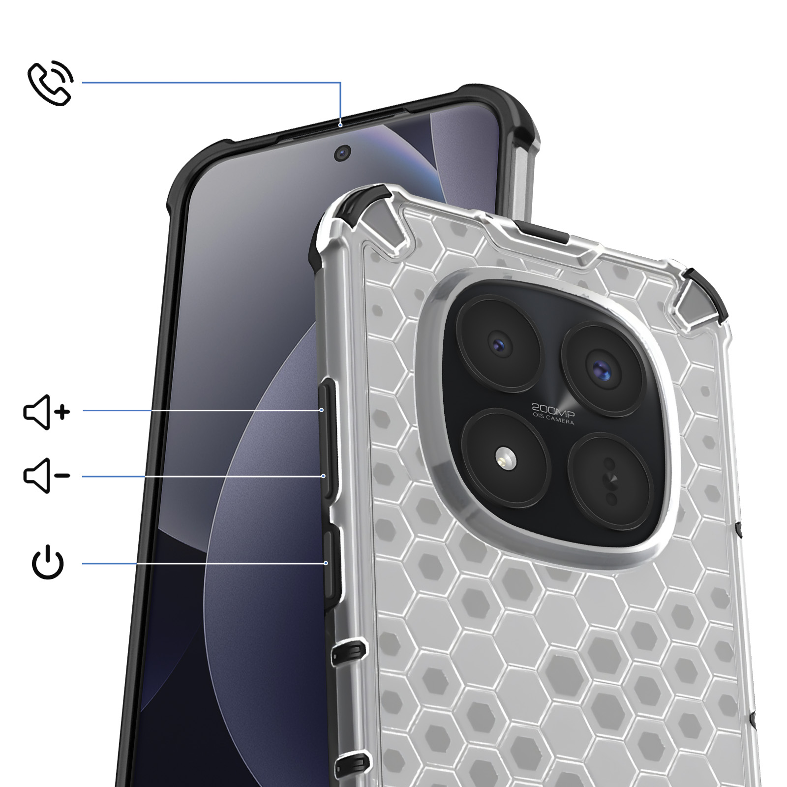 Een smartphone met een beschermhoes met honingraatpatroon, met knoppen.