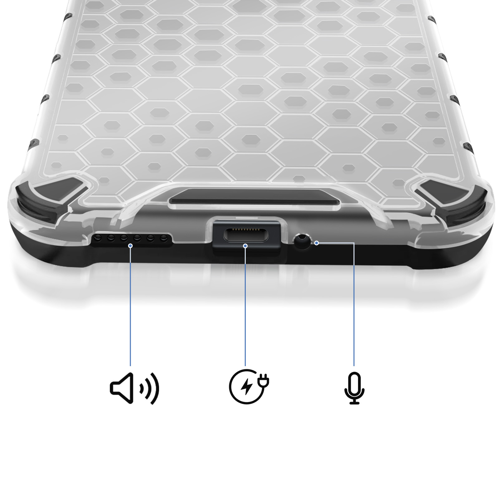 Onderkant telefoonhoes: luidspreker, oplaadpoort, koptelefoonaansluiting, microfoon.