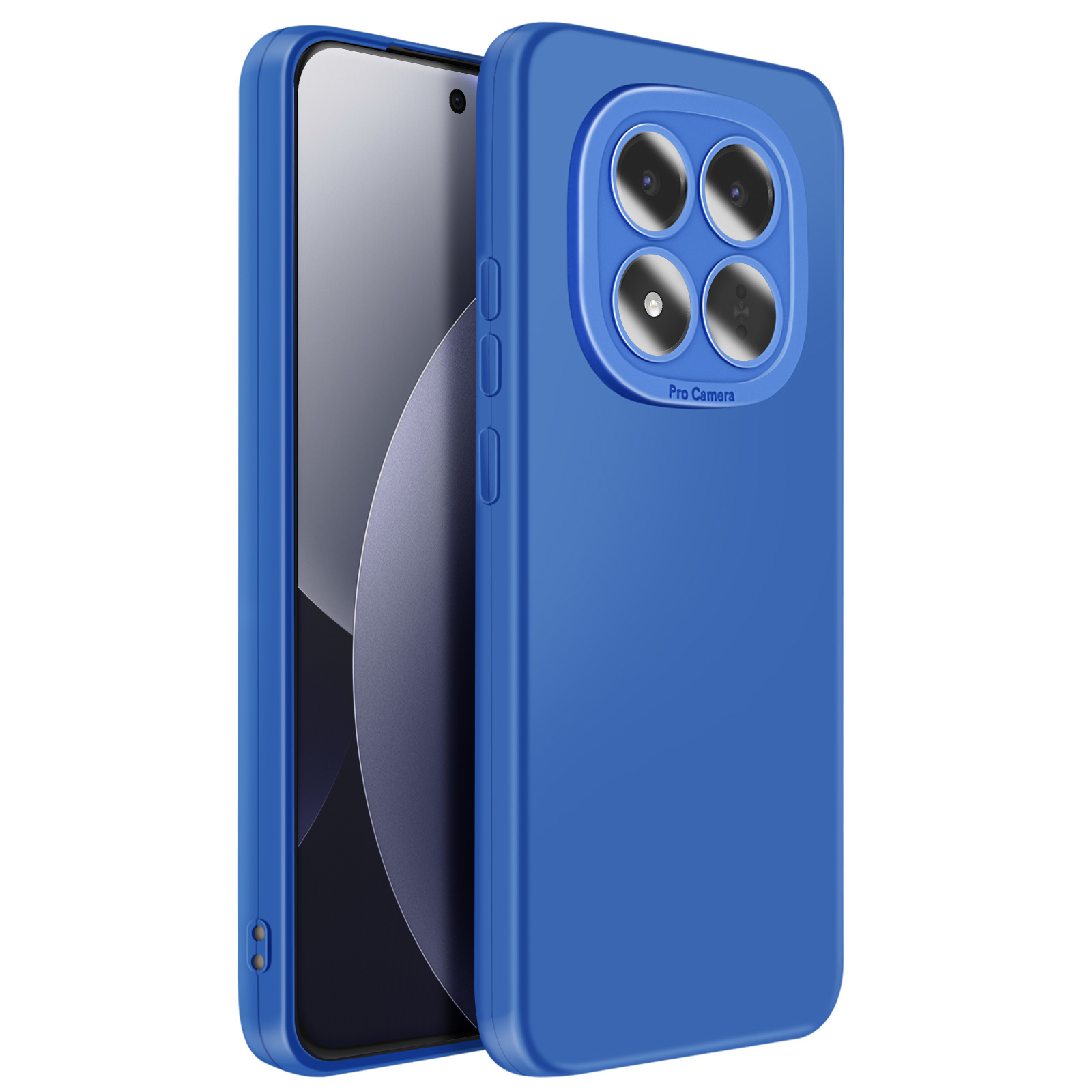 Un téléphone bleu avec un quadruple appareil photo à l'arrière et un bord saillant de l'appareil.