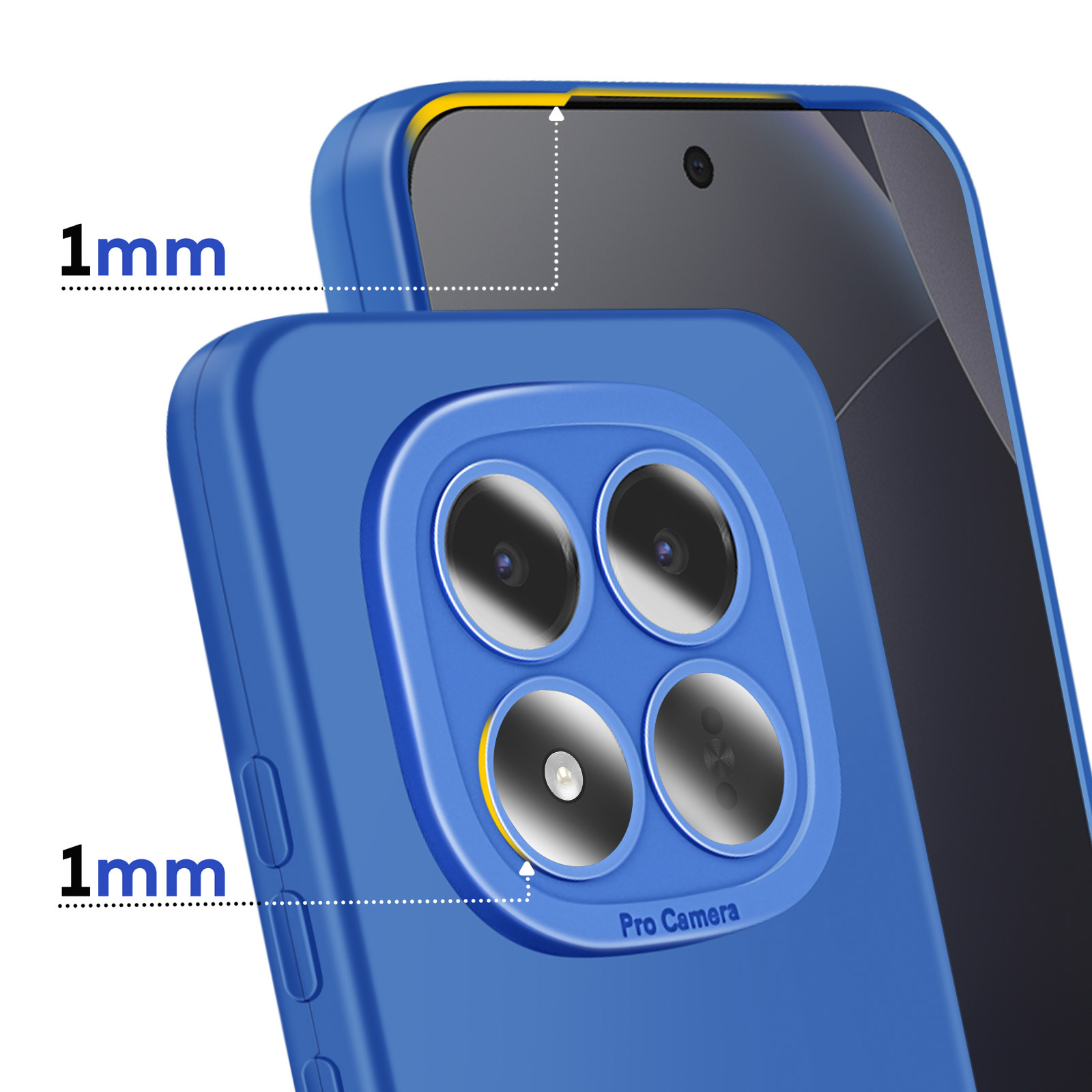 Coque bleue avec bord surélevé de 1mm autour des quatre objectifs.