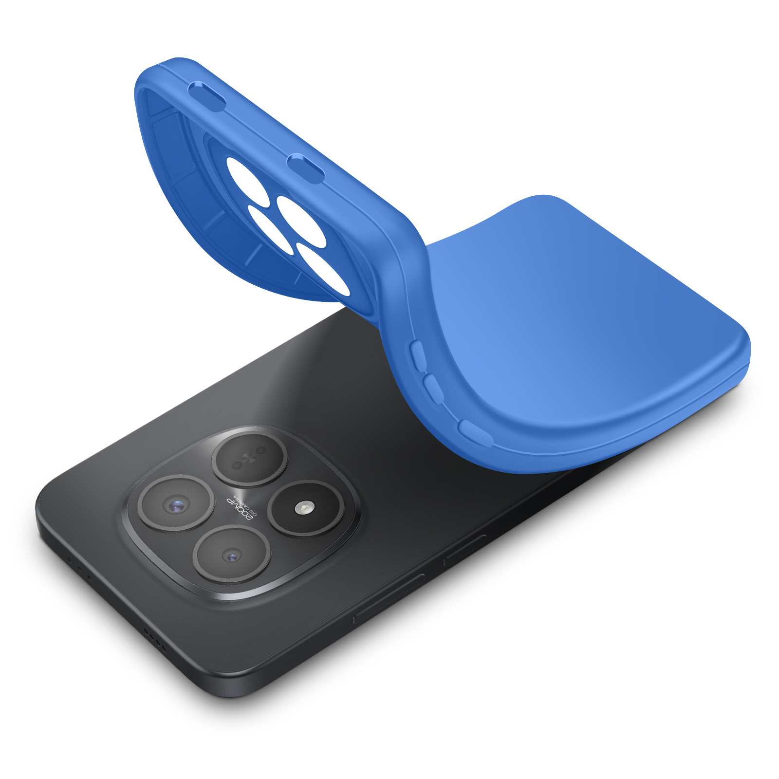 Un étui de téléphone bleu est placé sur un smartphone à quatre caméras.
