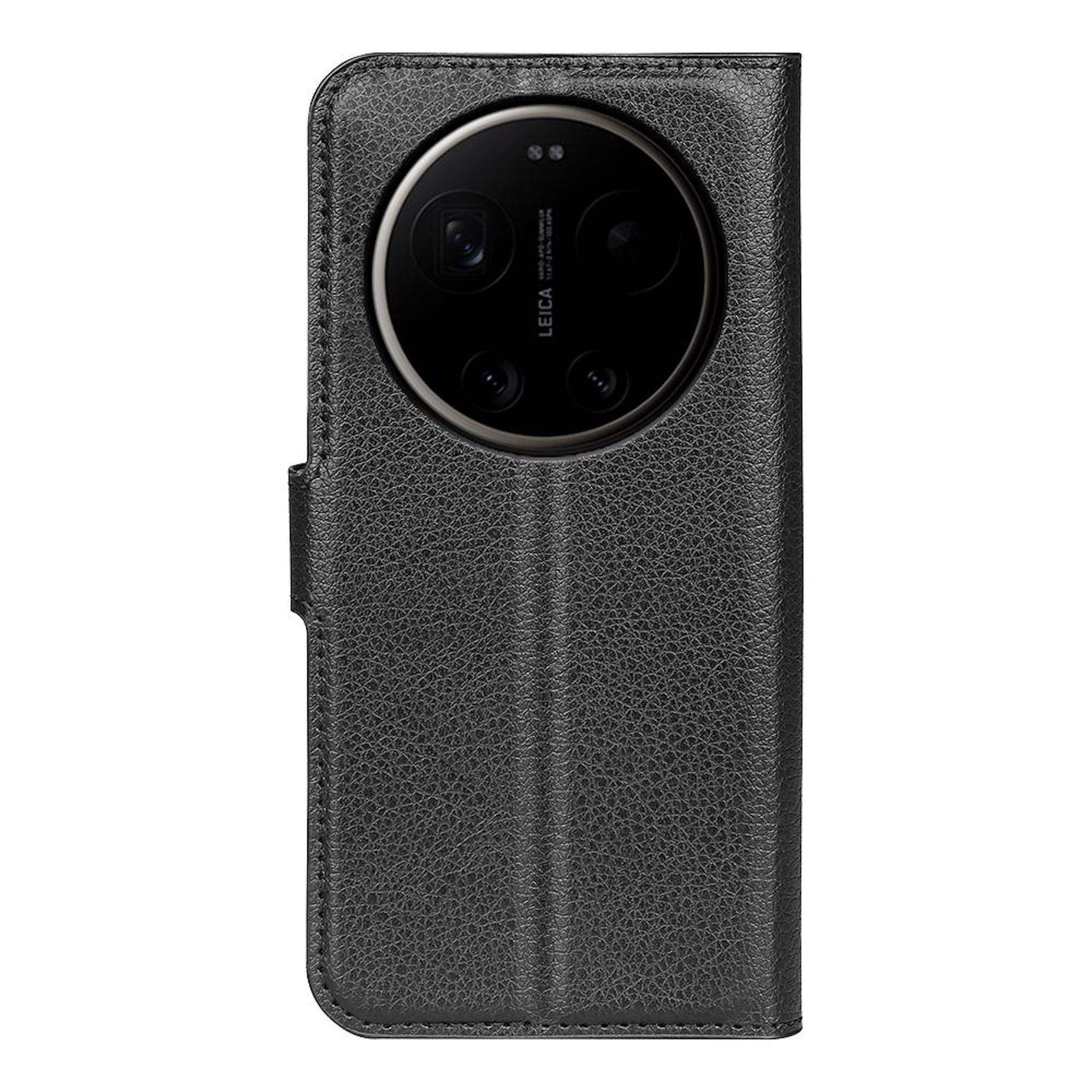Funda tipo libro de cuero negro con recorte de cámara visible.