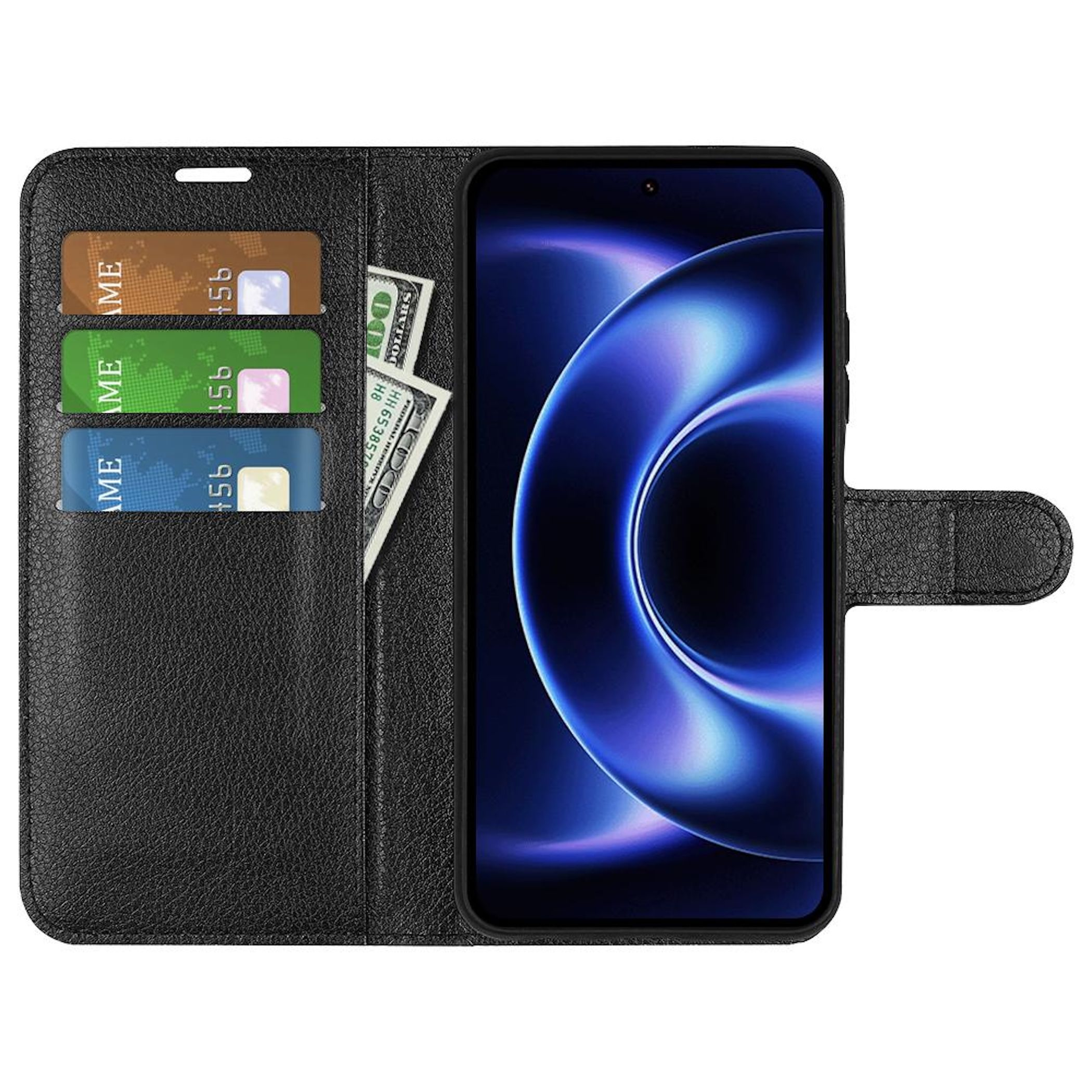 Funda de teléfono negra con ranuras para tarjetas y efectivo, mostrando un smartphone.