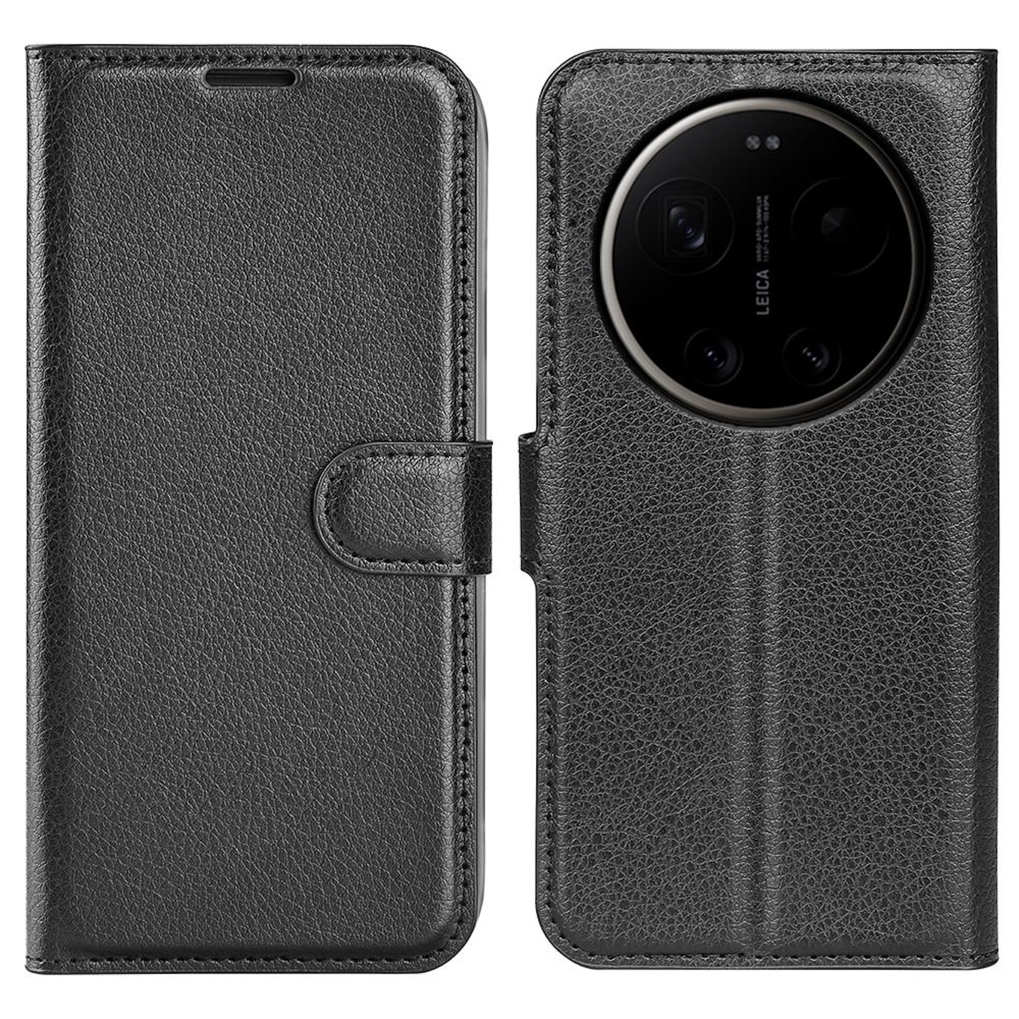 Funda negra de cuero tipo libro con recorte para cámara.