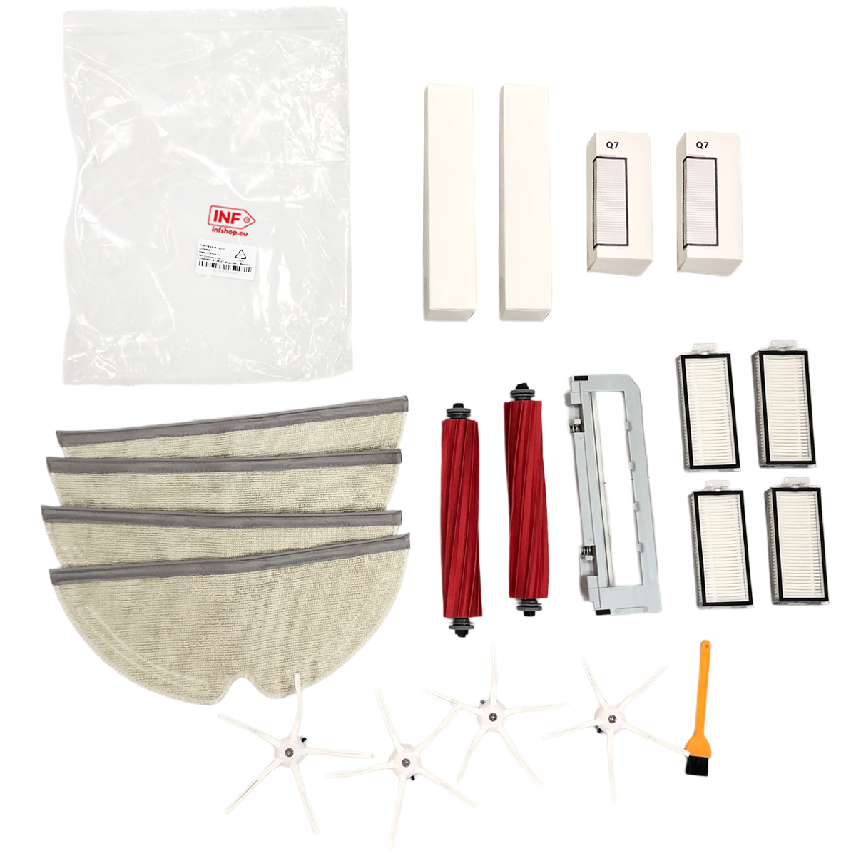 Akcesoria do odkurzacza: mopy, szczotki, filtry, uchwyt i narzędzie do czyszczenia.