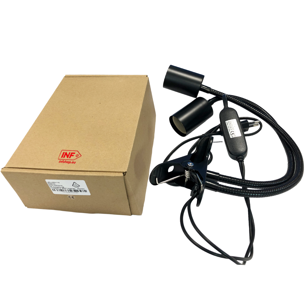 Ein Karton mit INF-Logo und eine schwarze Lampenfassung für zwei Lampen mit Clip.