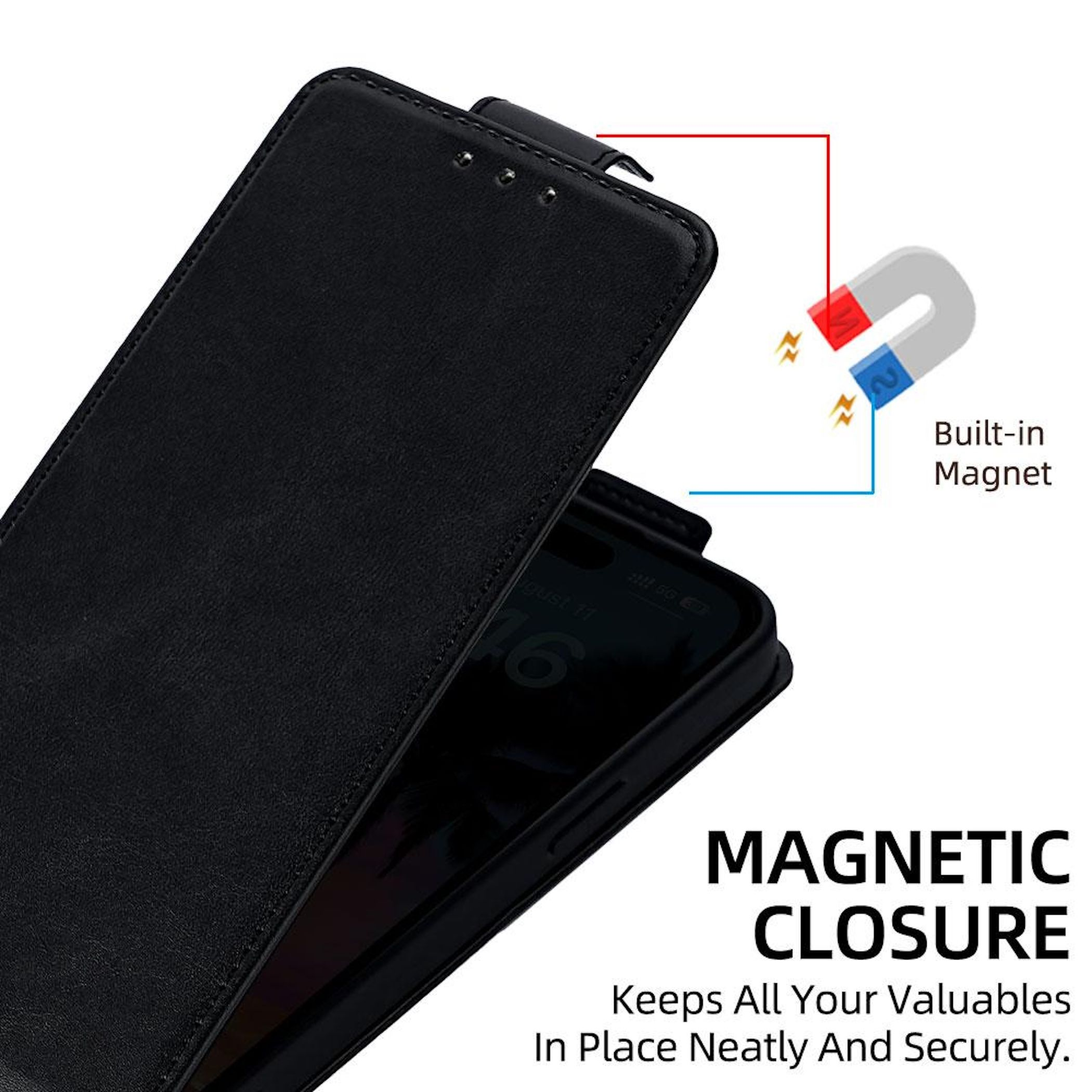 Schwarze Handyhülle mit magnetischem Verschluss und integriertem Magneten.