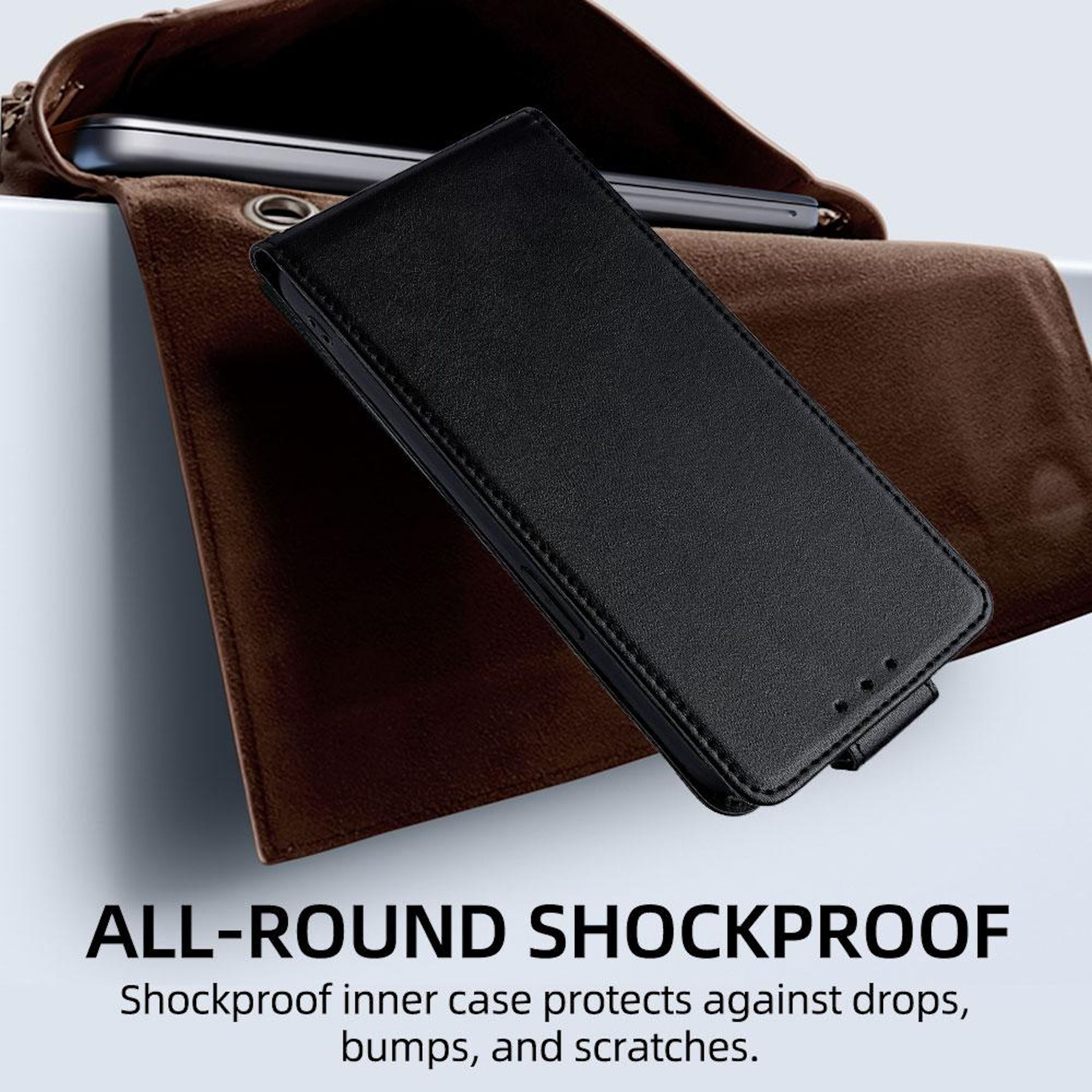 Schwarzes Handy-Etui aus Leder mit braunem Futter, das ein Smartphone schützt.
