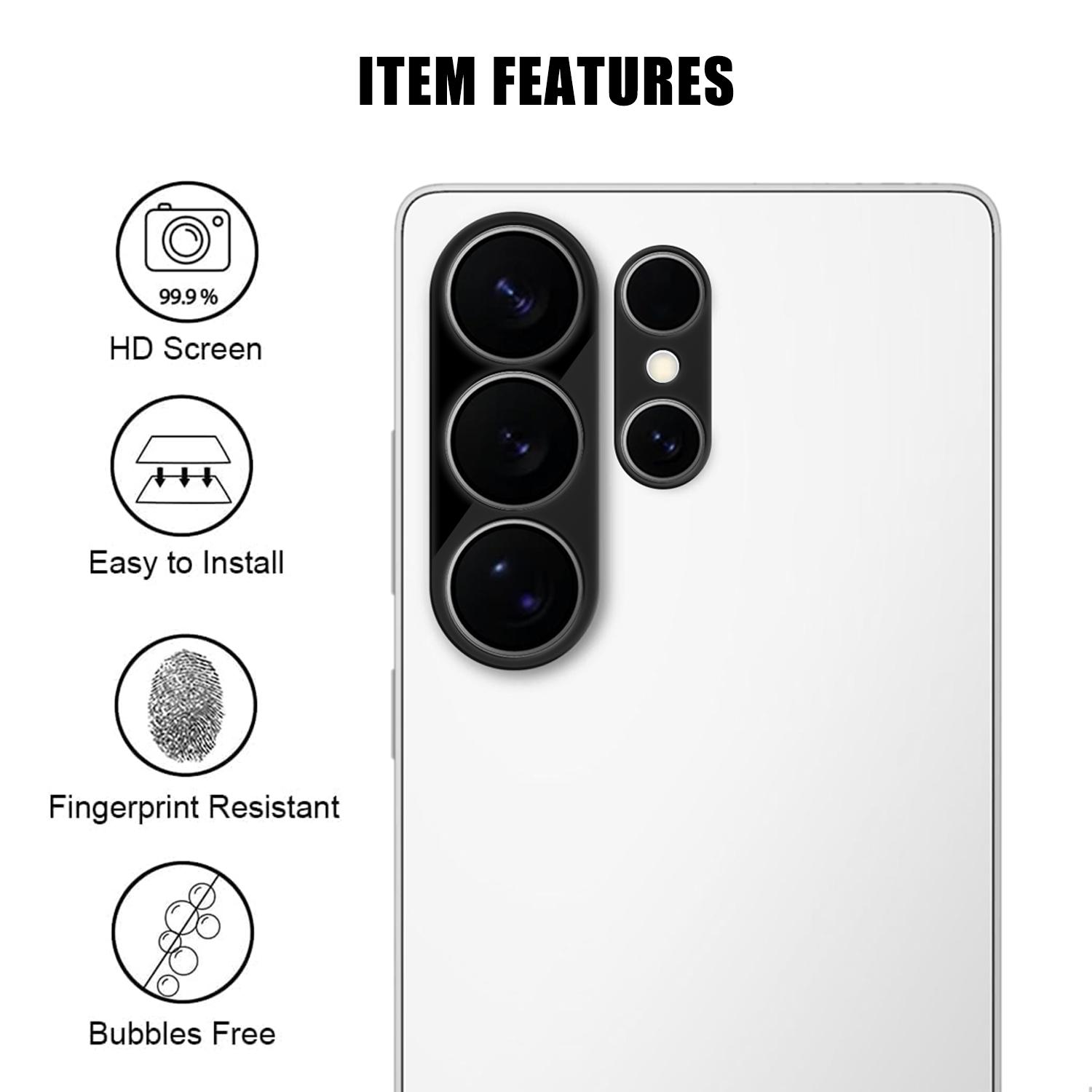 Das Bild zeigt ein Smartphone mit Kameramodul und vier Features: HD-Bildschirm, einfache Installation, Fingerabdruckresistenz, blasenfrei.