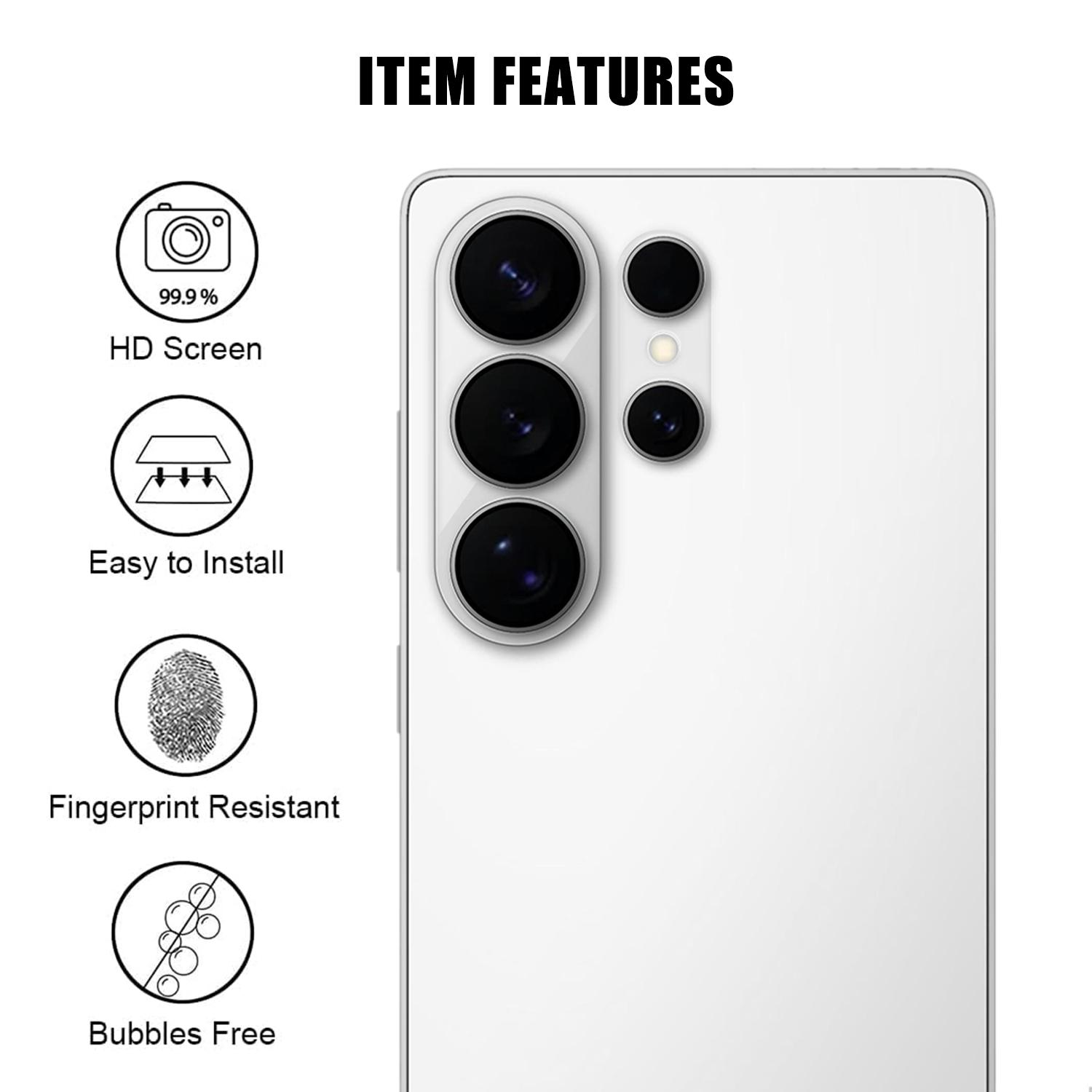 Ein weißes Smartphone mit Kamera und Symbolen für HD-Bildschirm, einfache Installation, Fingerabdruckresistenz und blasenfrei.