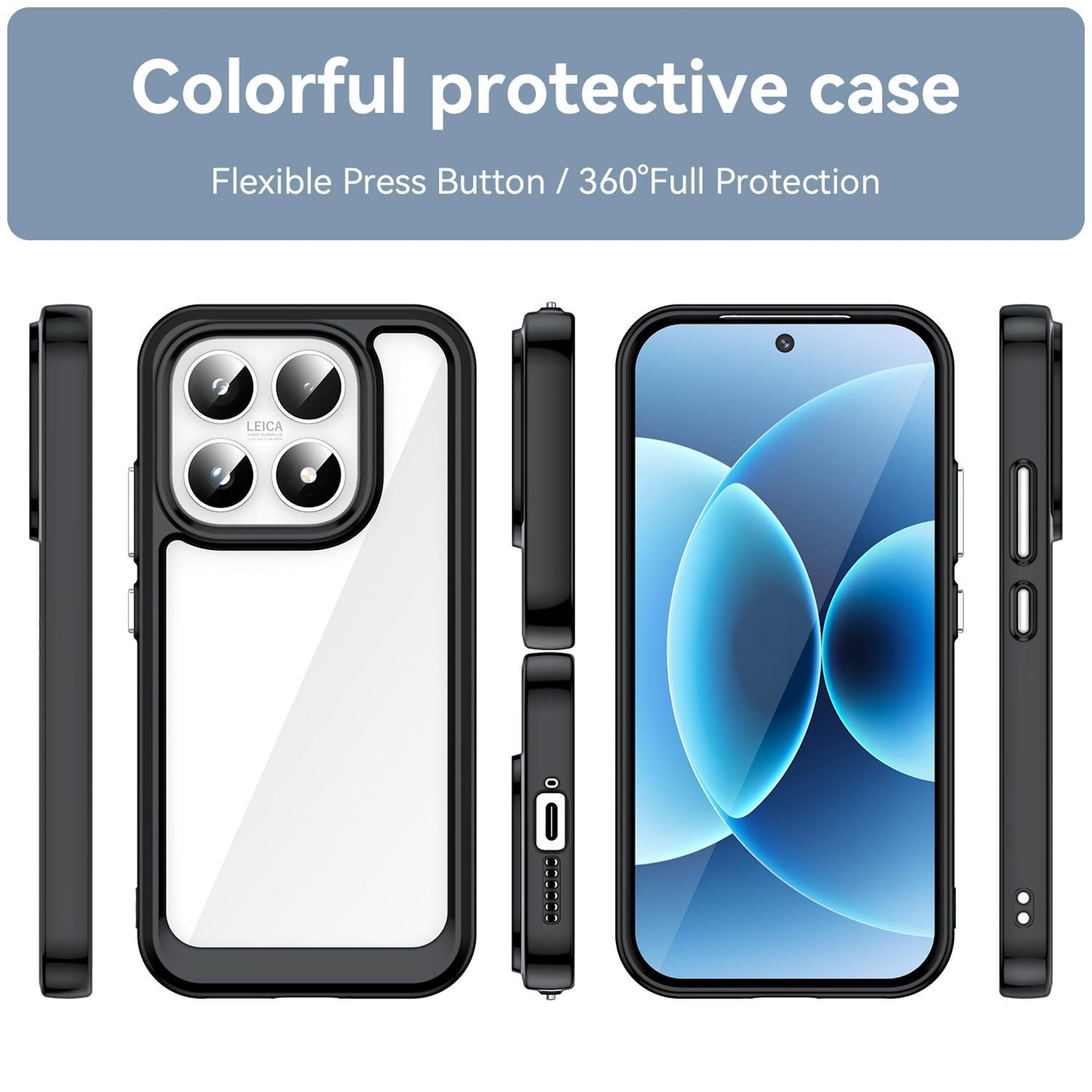 Se muestran varias fundas de teléfono negras y un teléfono con fondo azul.