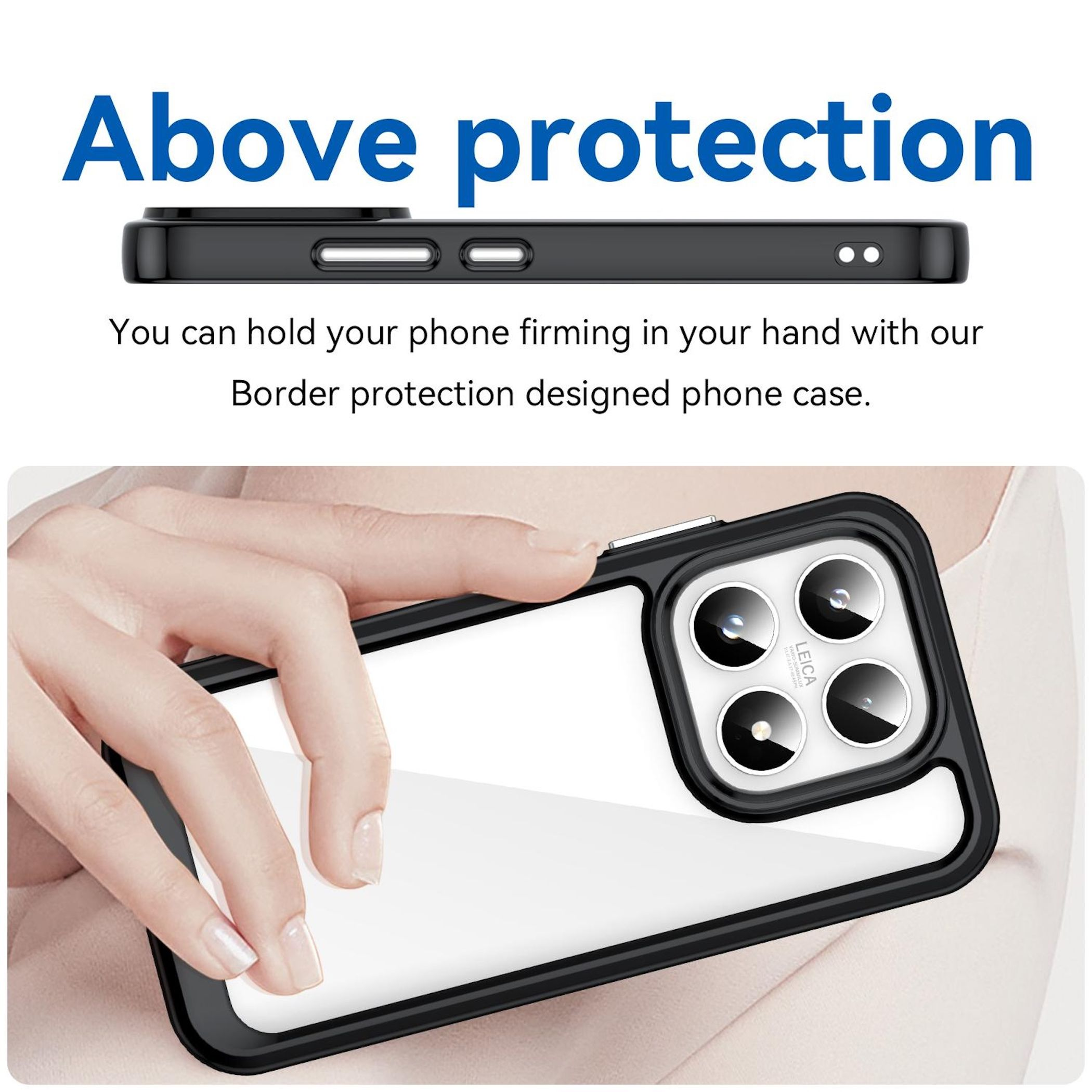 Funda negra para teléfono con cuatro cámaras, sujeta por pulgar y dedos.