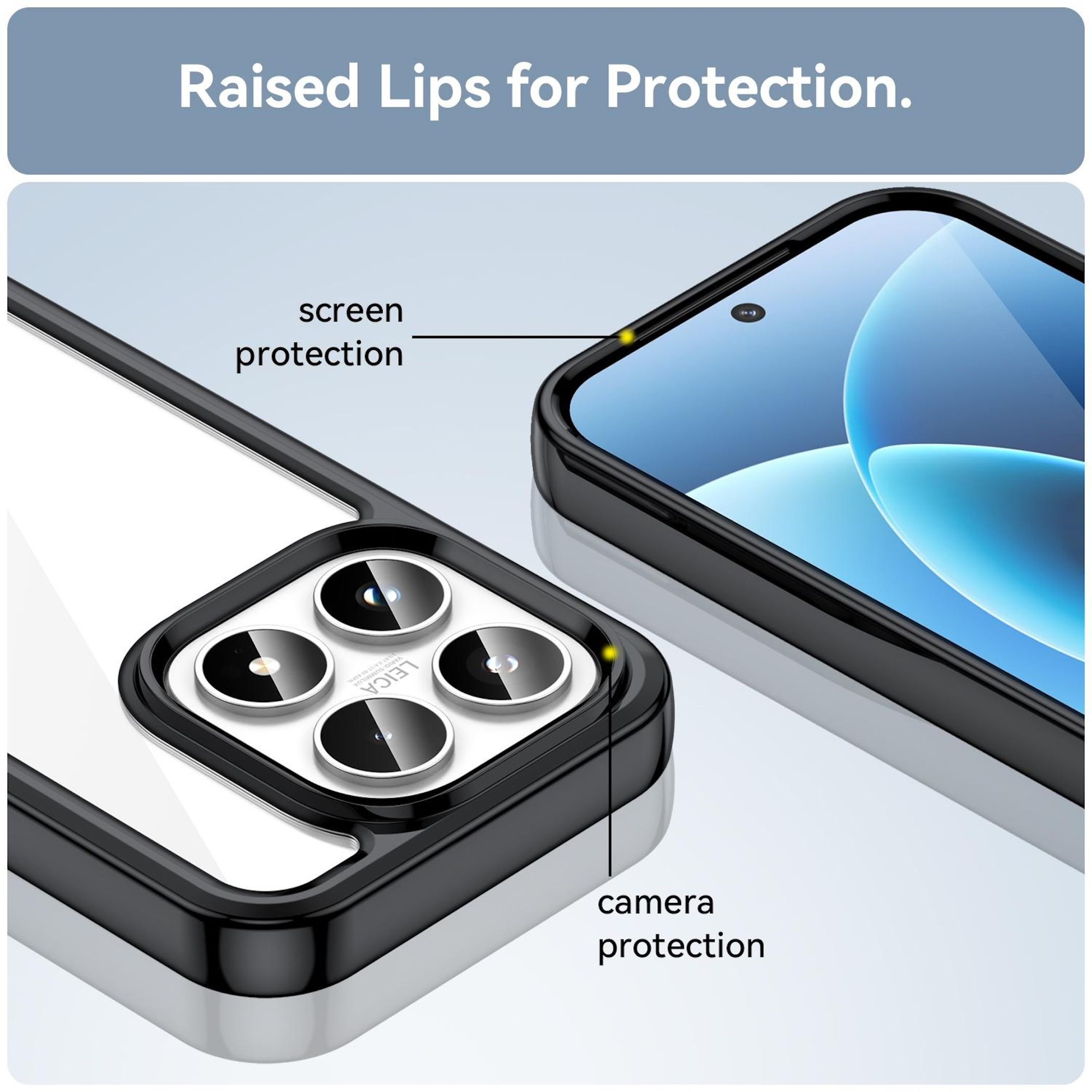 Funda de teléfono con bordes elevados para protección de pantalla y cámara.