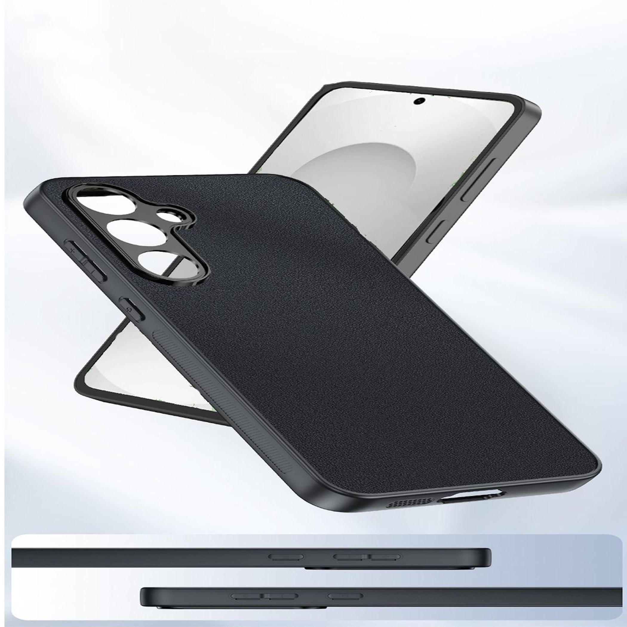 Funda negra para teléfono con recorte de cámara, colocada sobre un smartphone.