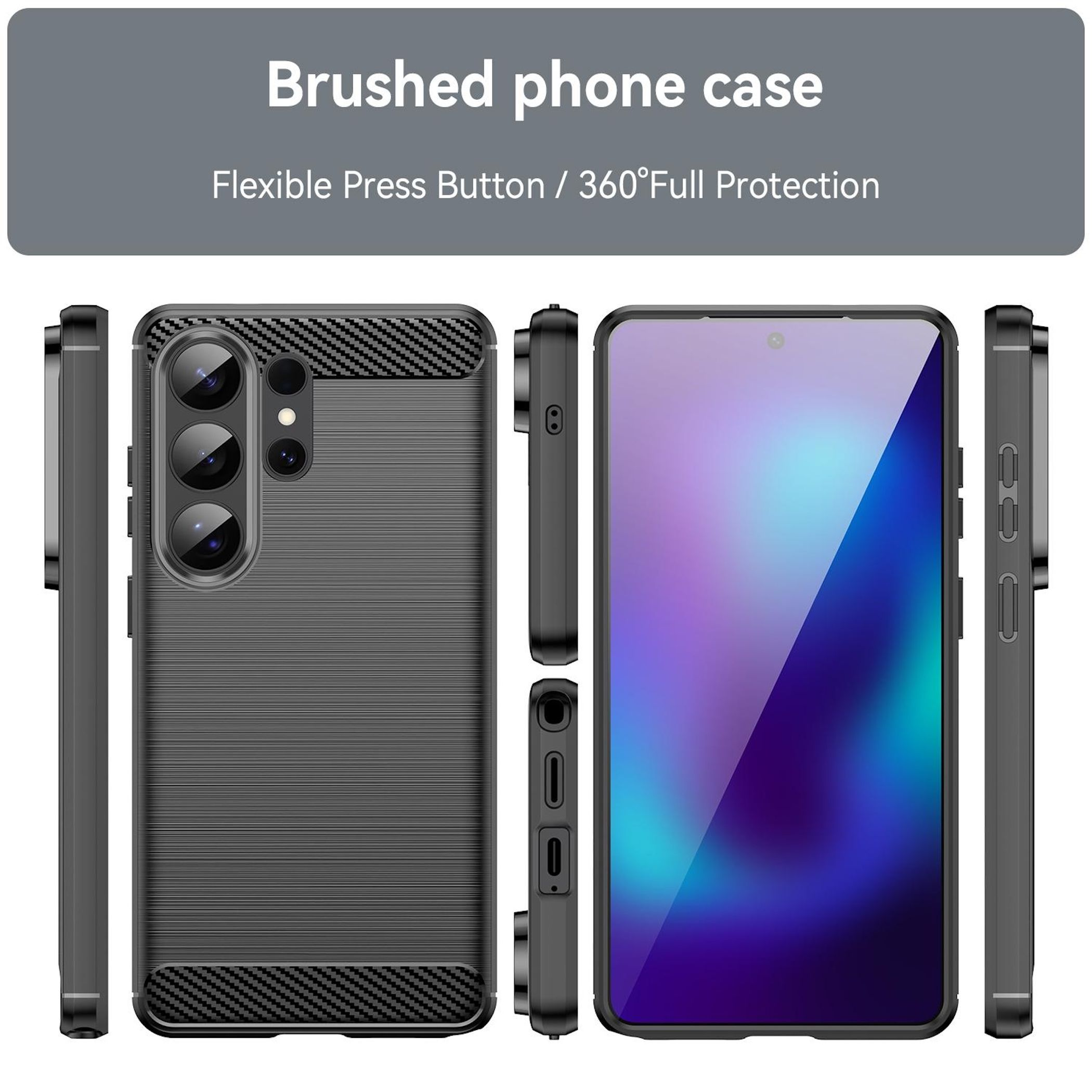 Un juego de fundas de teléfono negras en varios ángulos con pantalla brillante.