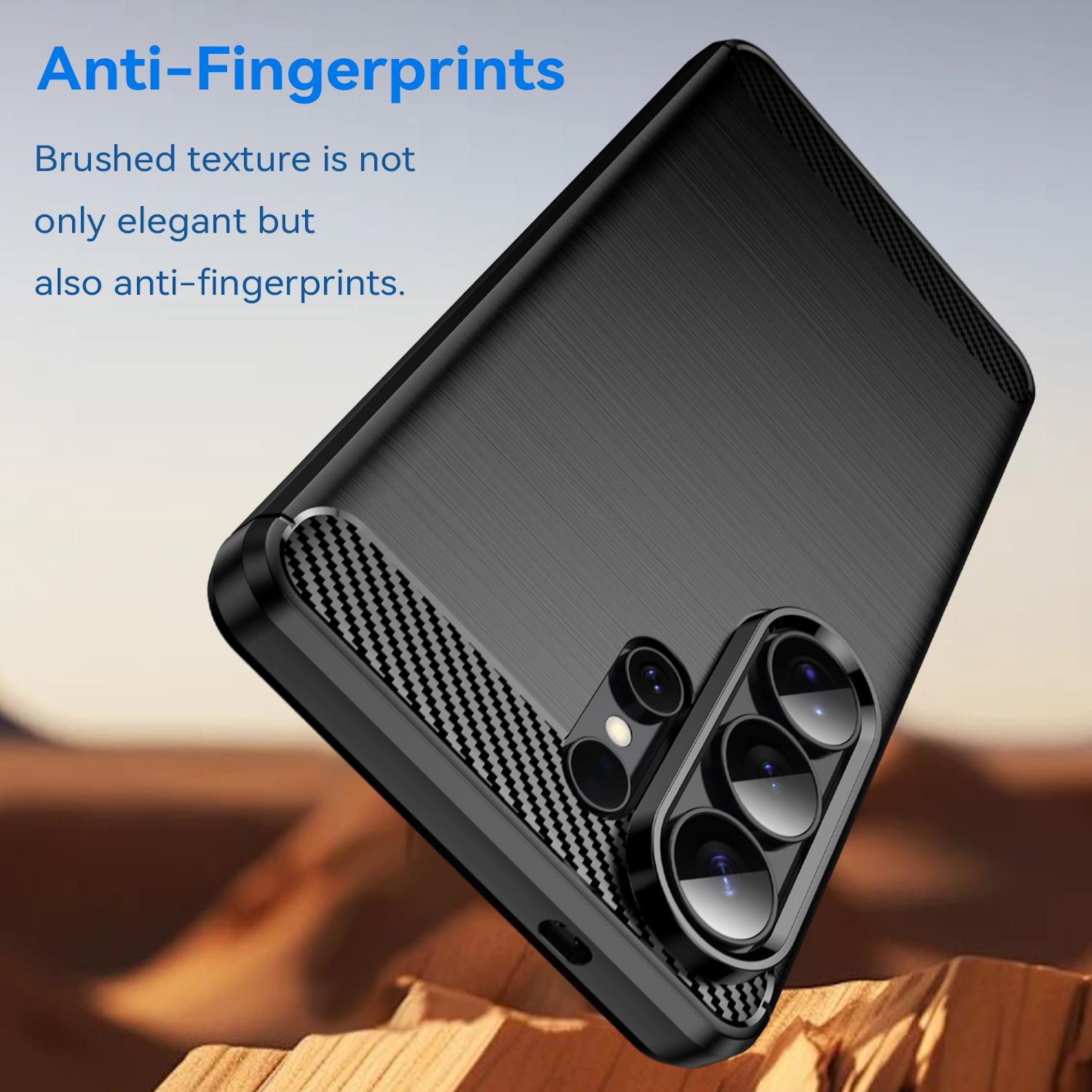 Funda negra para teléfono con textura cepillada y patrón de carbono.