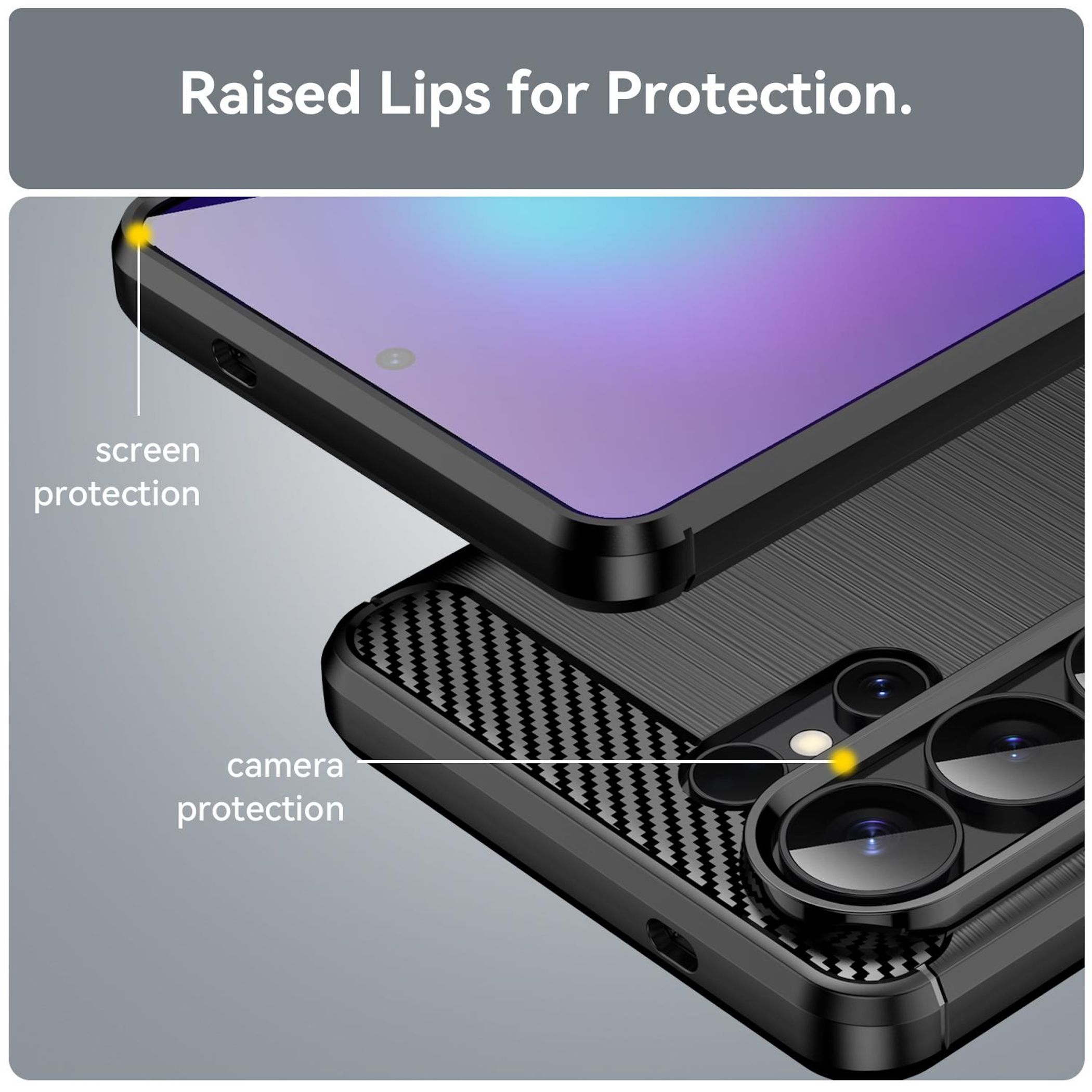 Funda de teléfono negra con bordes elevados para proteger pantalla y cámara.