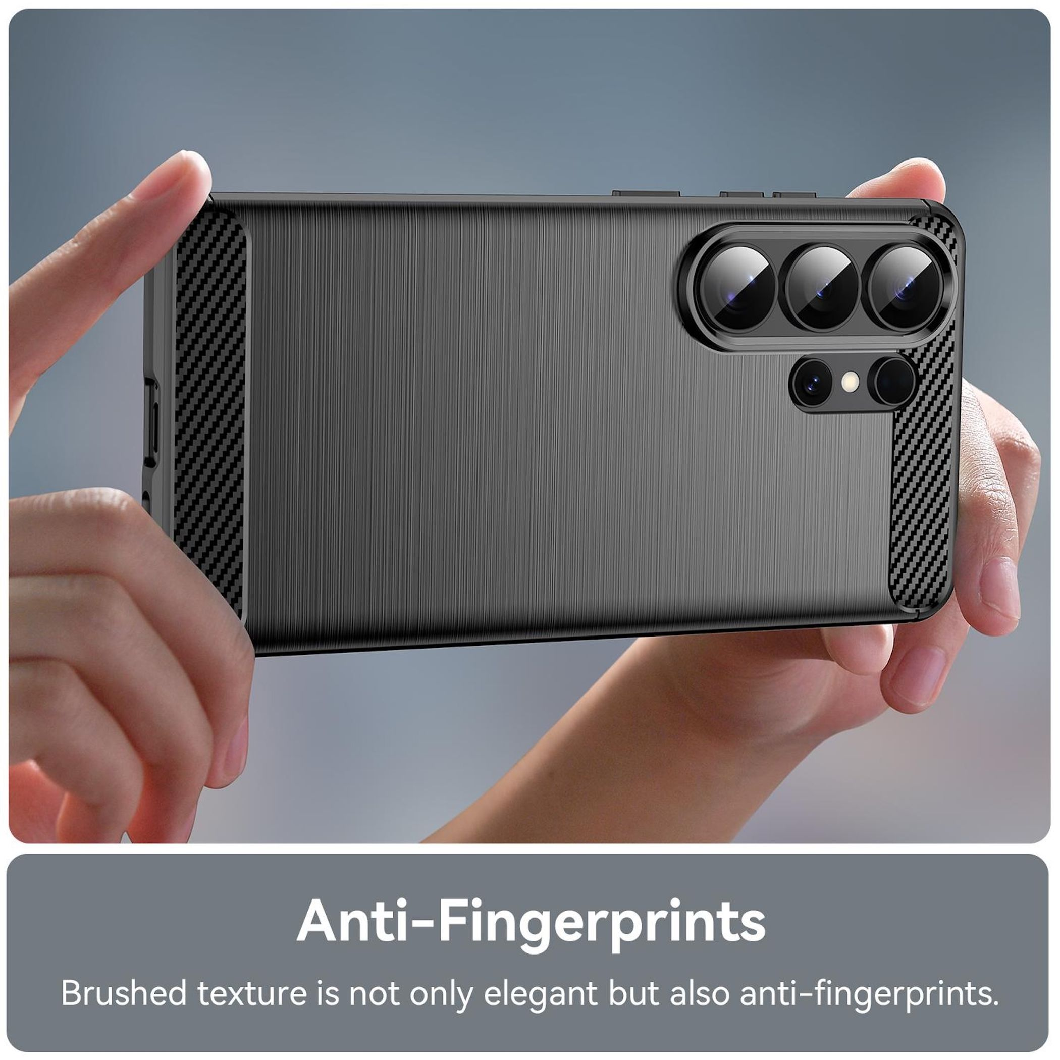 Funda de teléfono gris con textura cepillada y laterales de fibra de carbono.