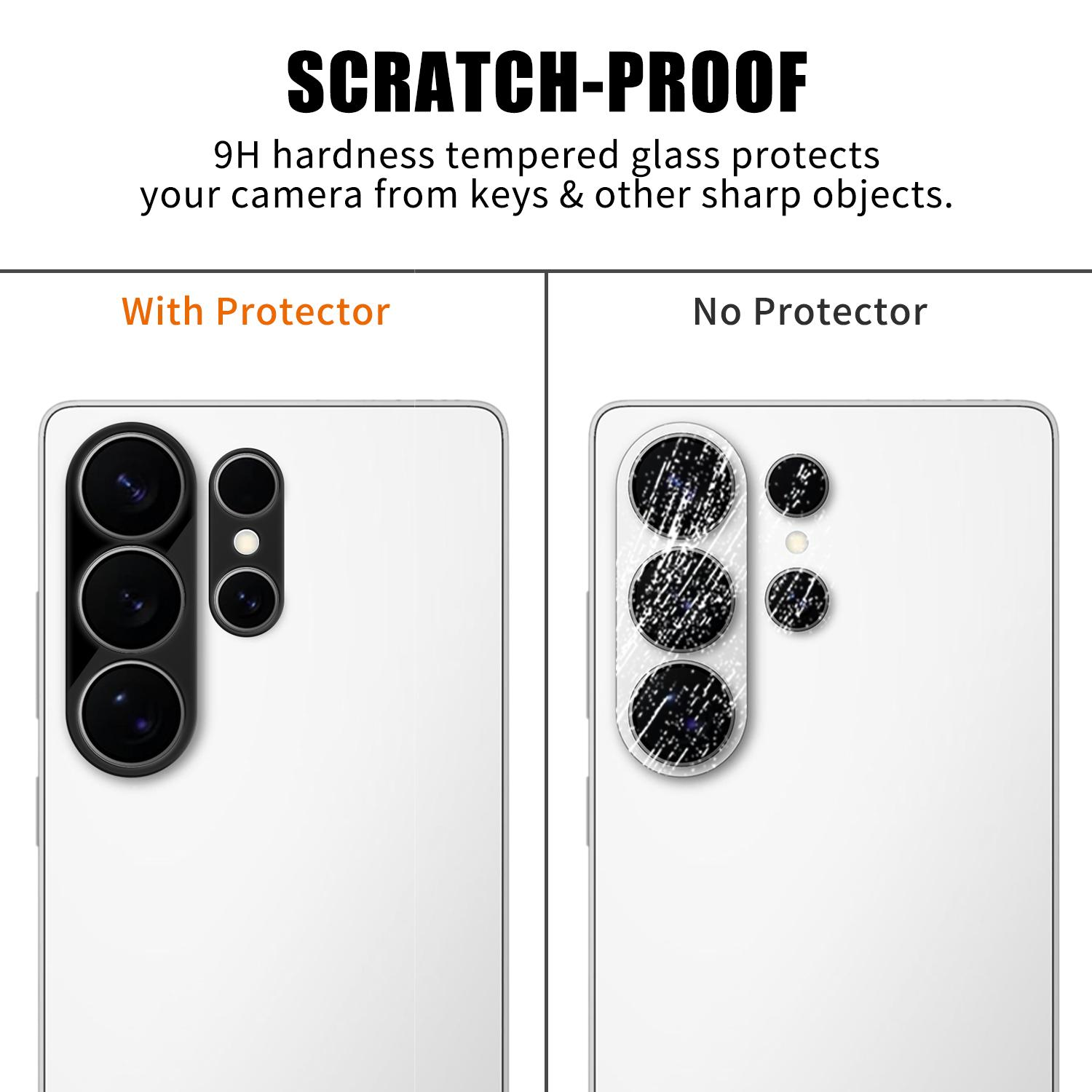 Vergleich von Handy-Kameras: eine mit Protektor, eine zerkratzt.