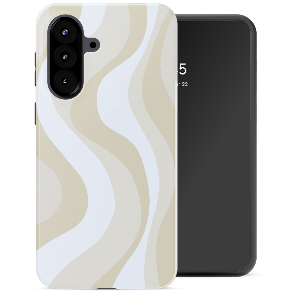 Een telefoonhoesje met een golvend patroon in beige en witte tinten. De achterkant van de telefoon is zichtbaar.