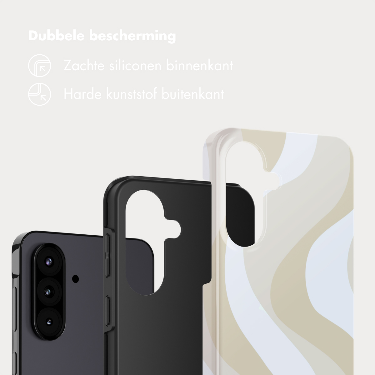 Drie telefoonhoesjes: zwart, crème met golvend patroon en zwarte achterkant.