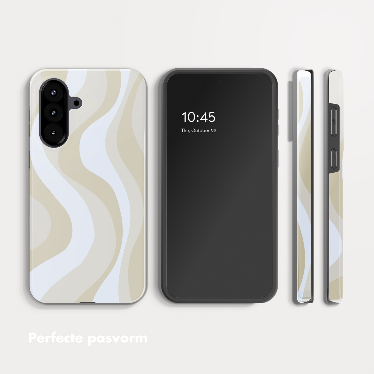 Een telefoon met een patroon van beige, witte en lichtblauwe golven.