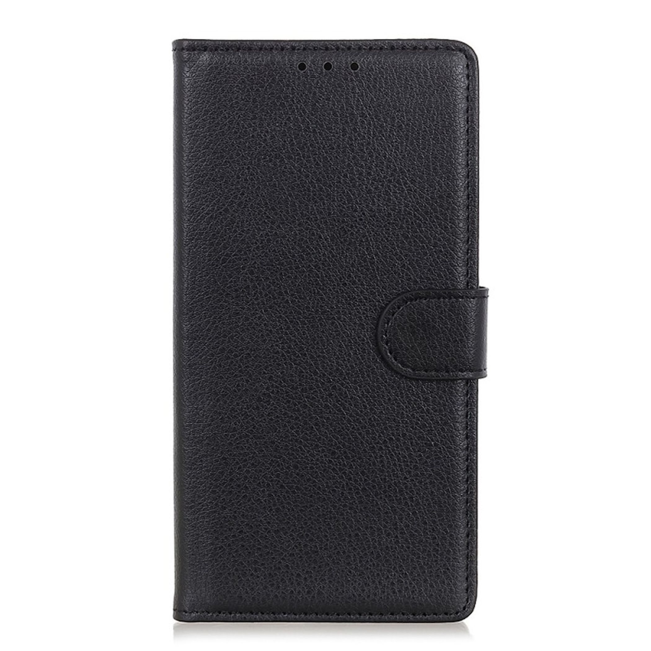 Schwarzes Leder-Flip-Handyhülle mit Magnetverschluss und drei Lochdetails.
