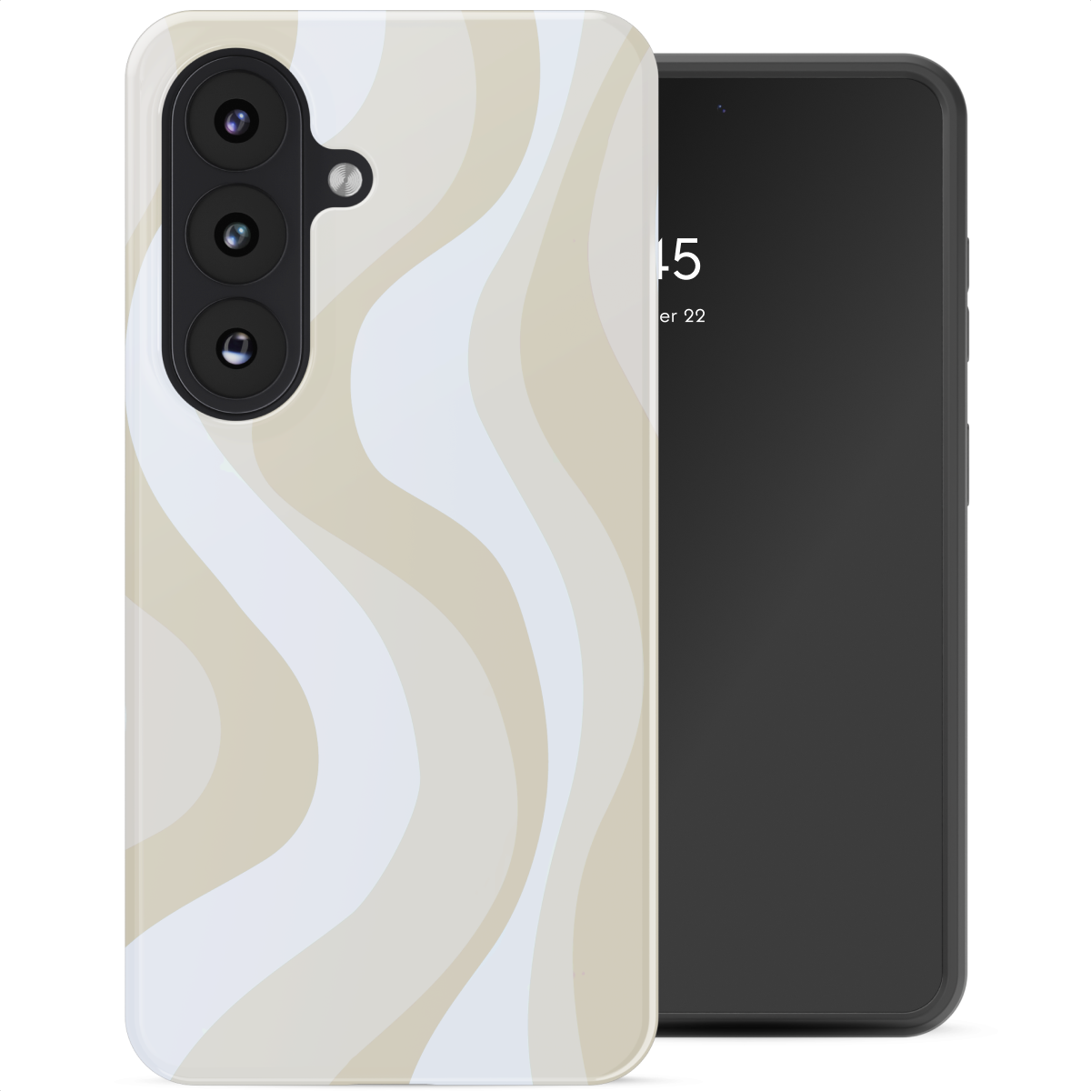 Un téléphone avec un étui à motif ondulé beige et blanc à côté de son écran noir.