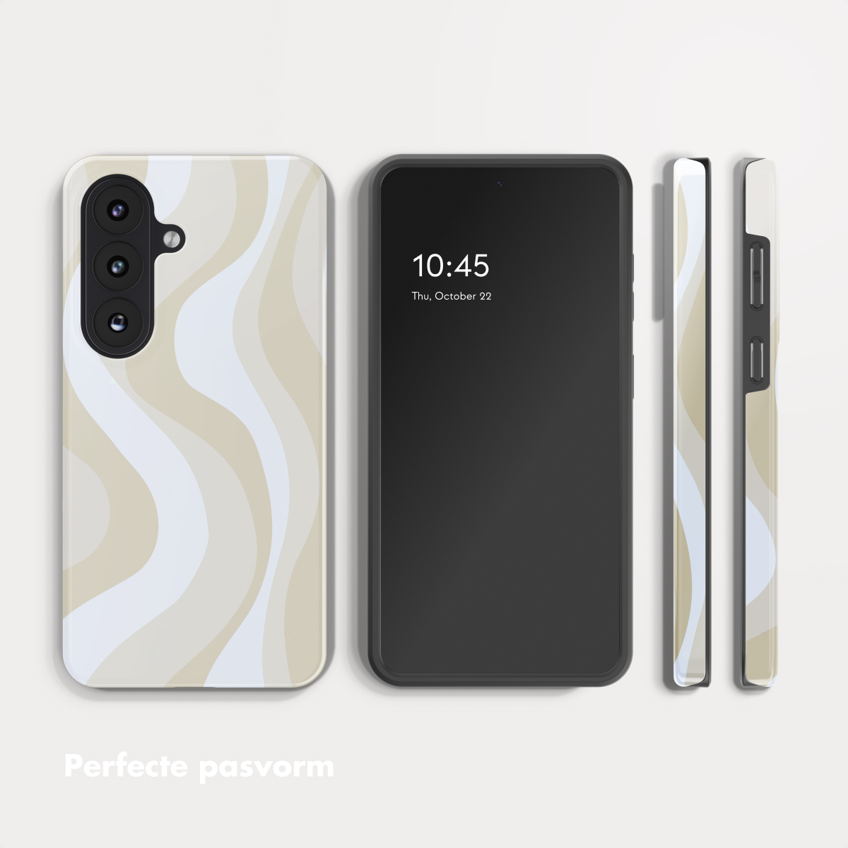 Une coque de smartphone avec un motif d'ondes crème et blanches.