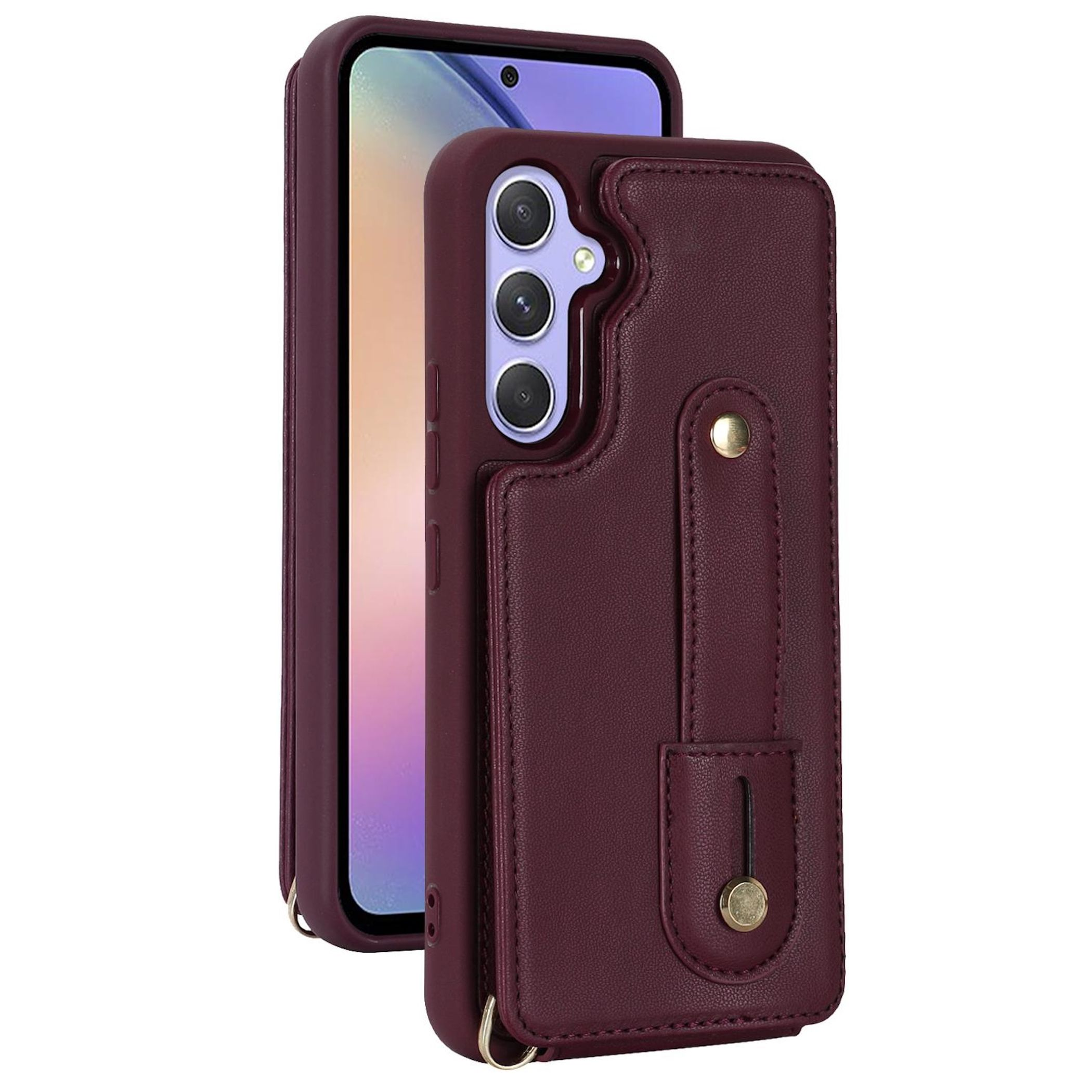 Ein burgunderrotes Handy-Etui mit Kartenhalter und Ständer.