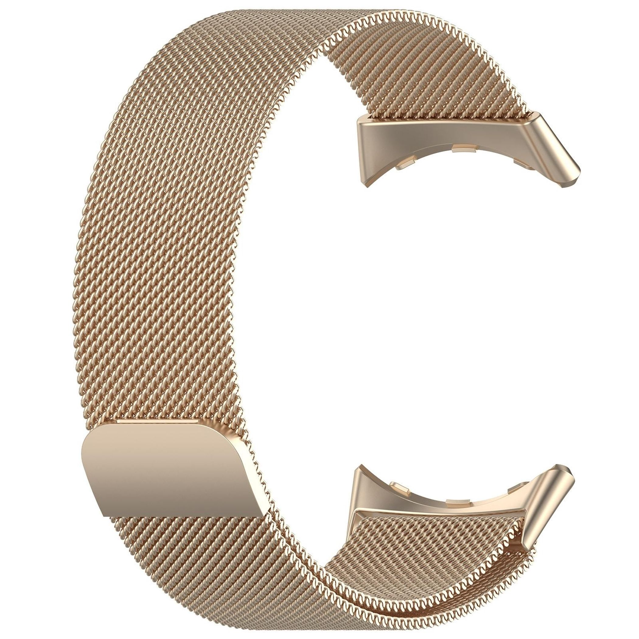 Un cinturino Milanese color oro rosa per orologio isolato su sfondo bianco.