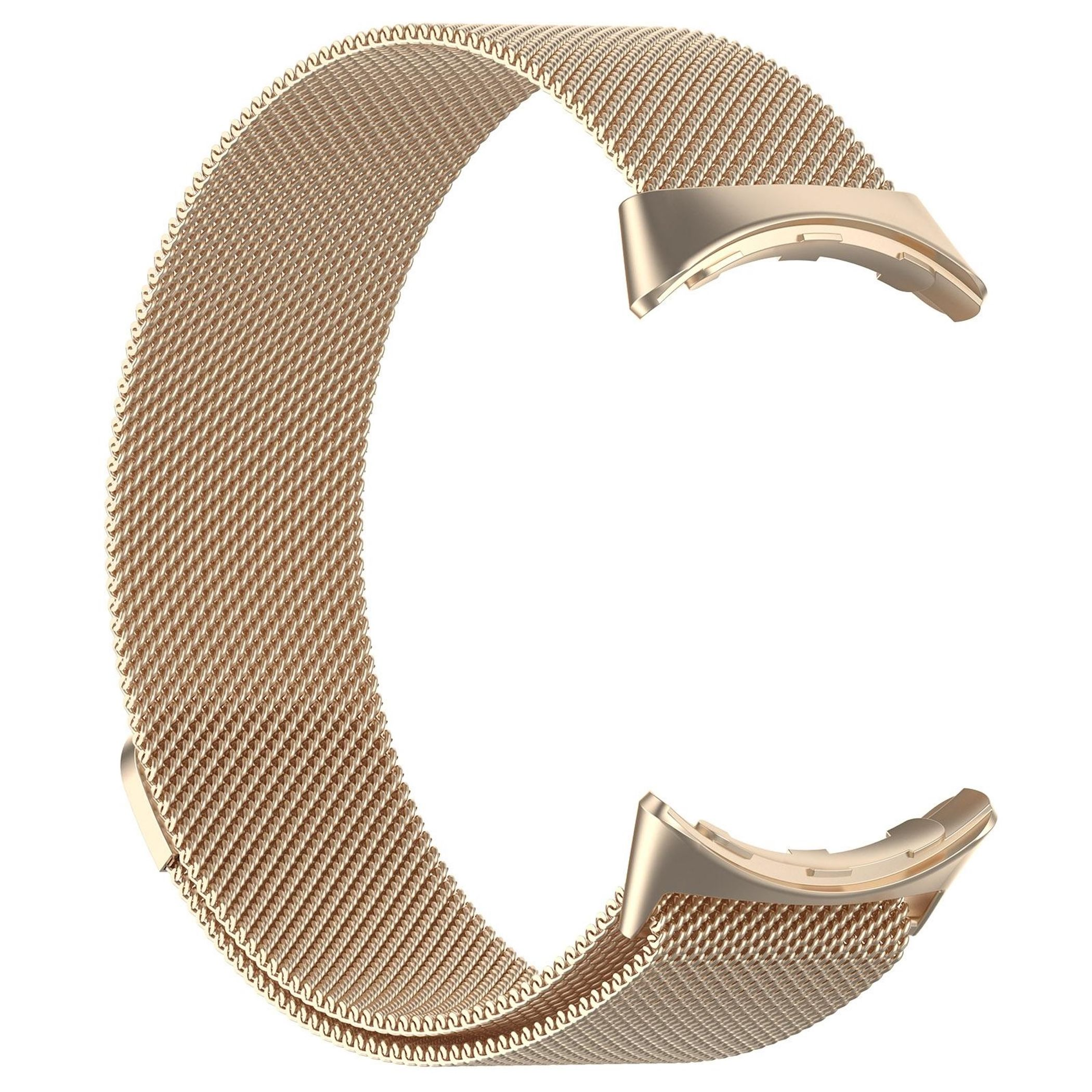 Un cinturino per orologio dorato, effetto rete, dal design curvo.