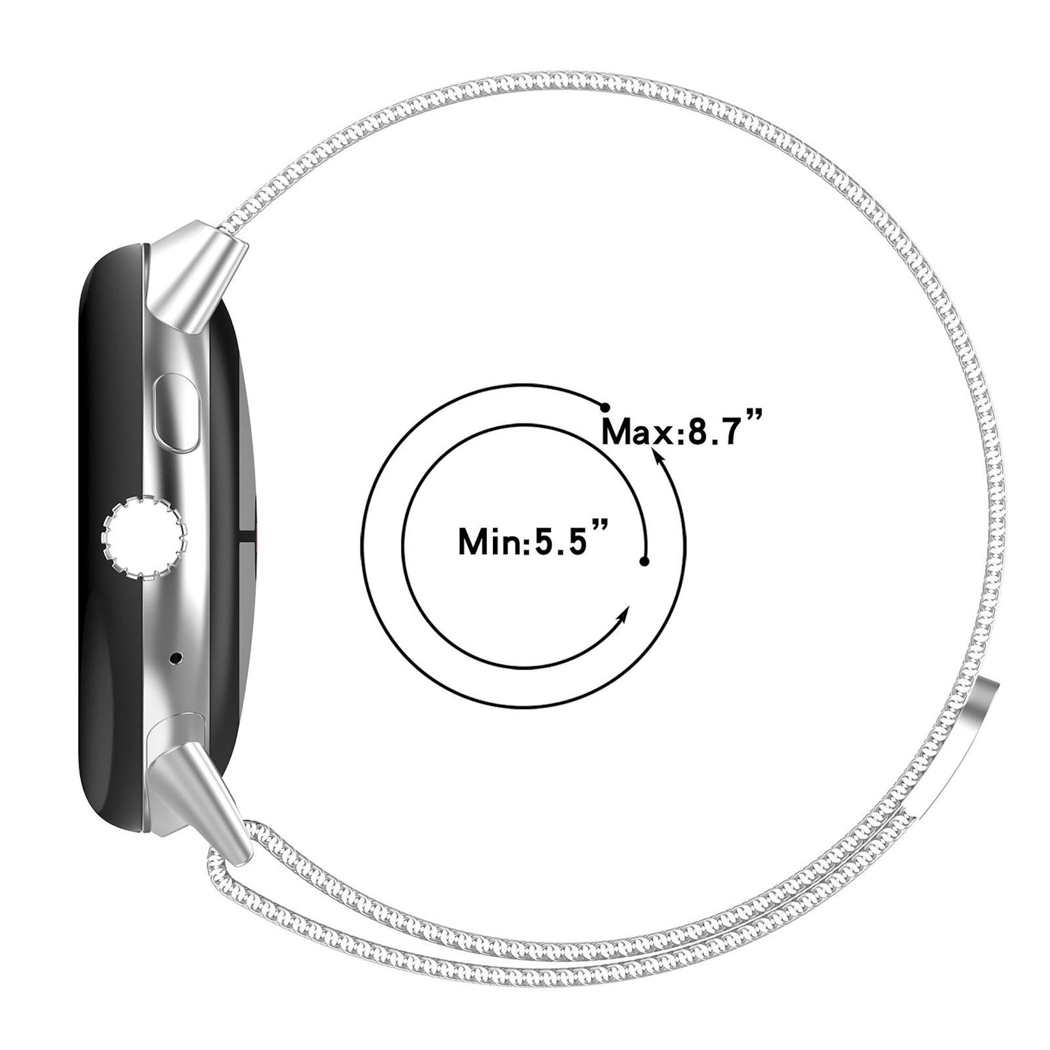 Silbernes Uhrenarmband mit schwarzem Gehäuse und Größenangabe 5,5-8,7 Zoll.