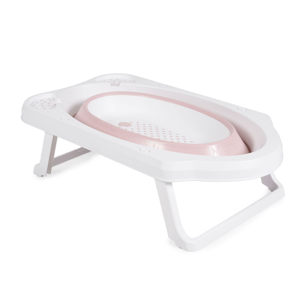 Ein rosa und weier Baby-Badewannenständer auf weien Beinen.