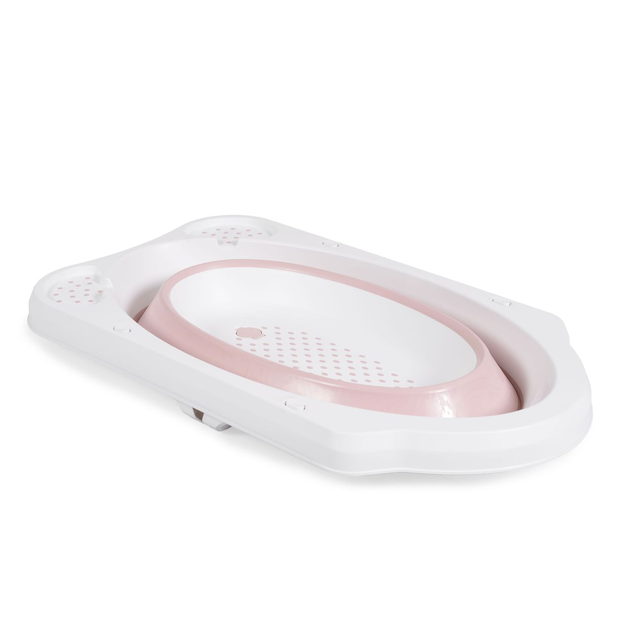 Eine weiße Babybadewanne mit rosa Akzenten, flach zusammengeklappt auf weißem Hintergrund.