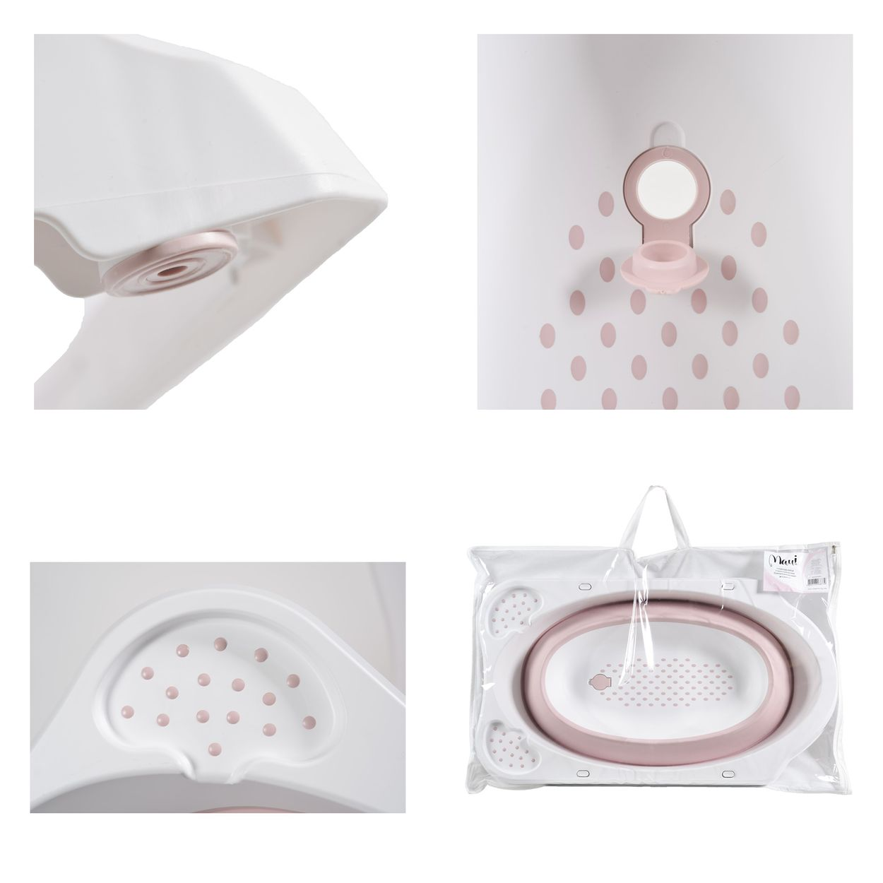 Ein aufklappbarer Baby-Badewannen-Set in Rosa und Weiß, verpackt in Plastik.