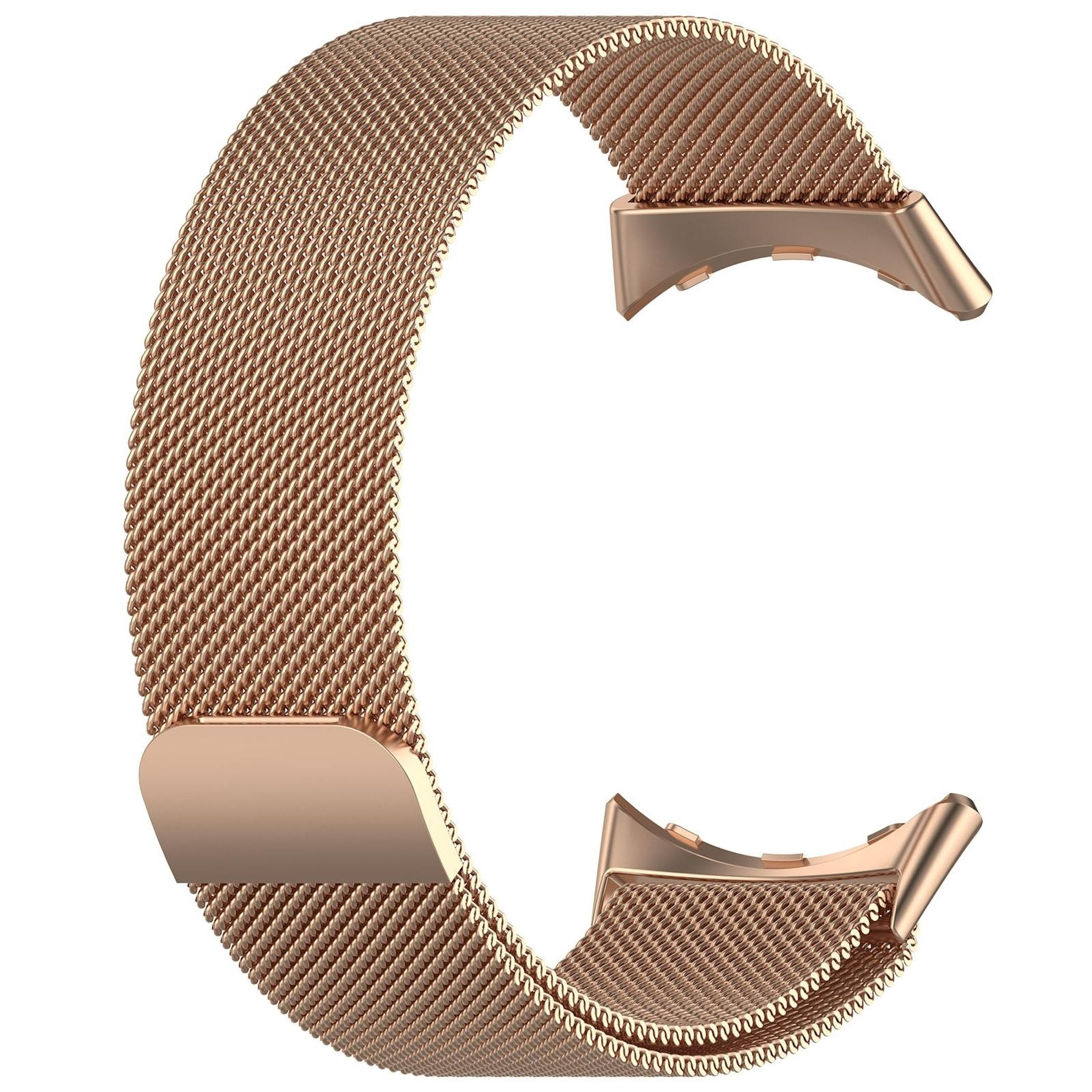 Ein roségoldenes Mesh-Armband mit schmalen Verbindungsstücken.