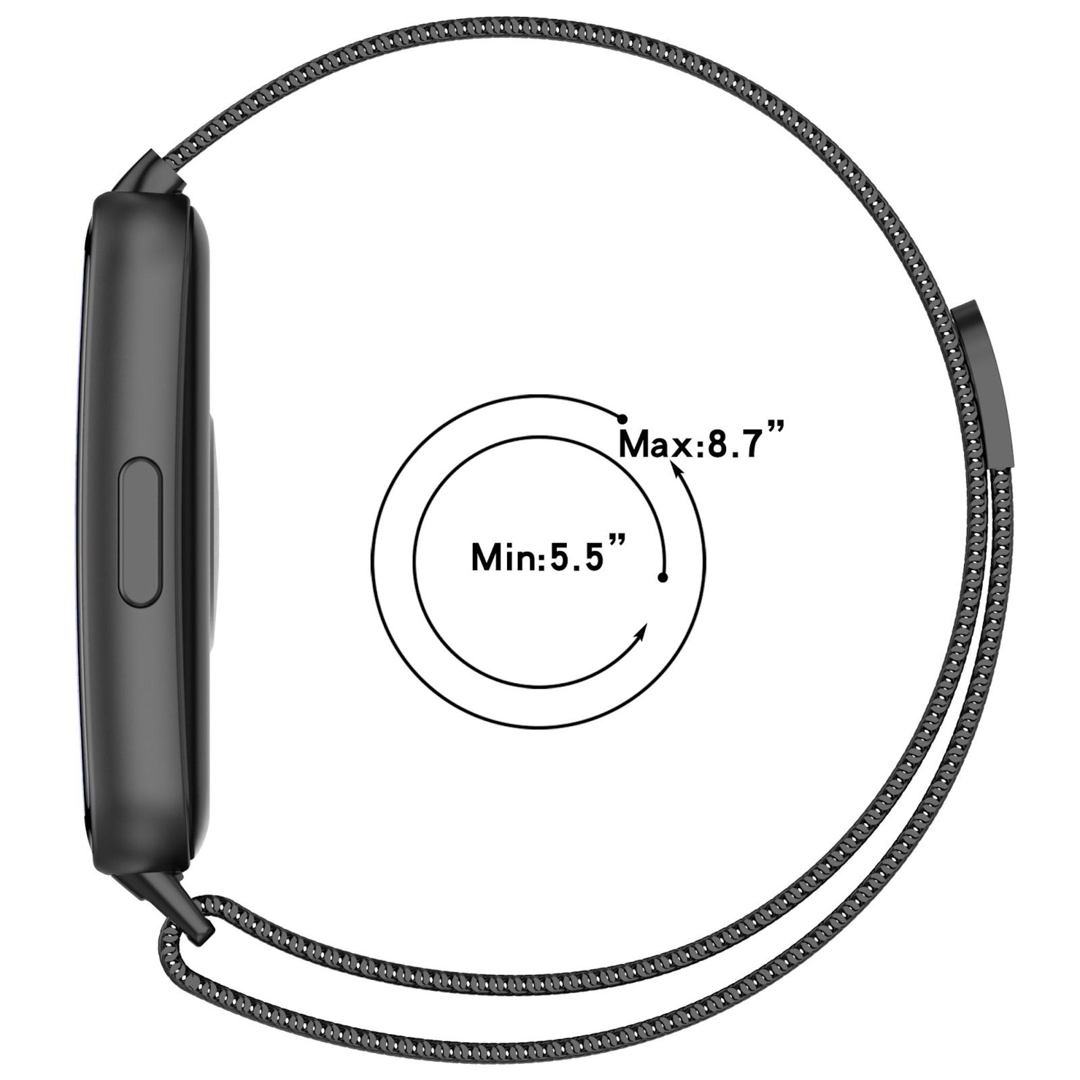 Schwarze Smartwatch mit Milanaise-Armband und Größenangaben (5,5"-8,7").