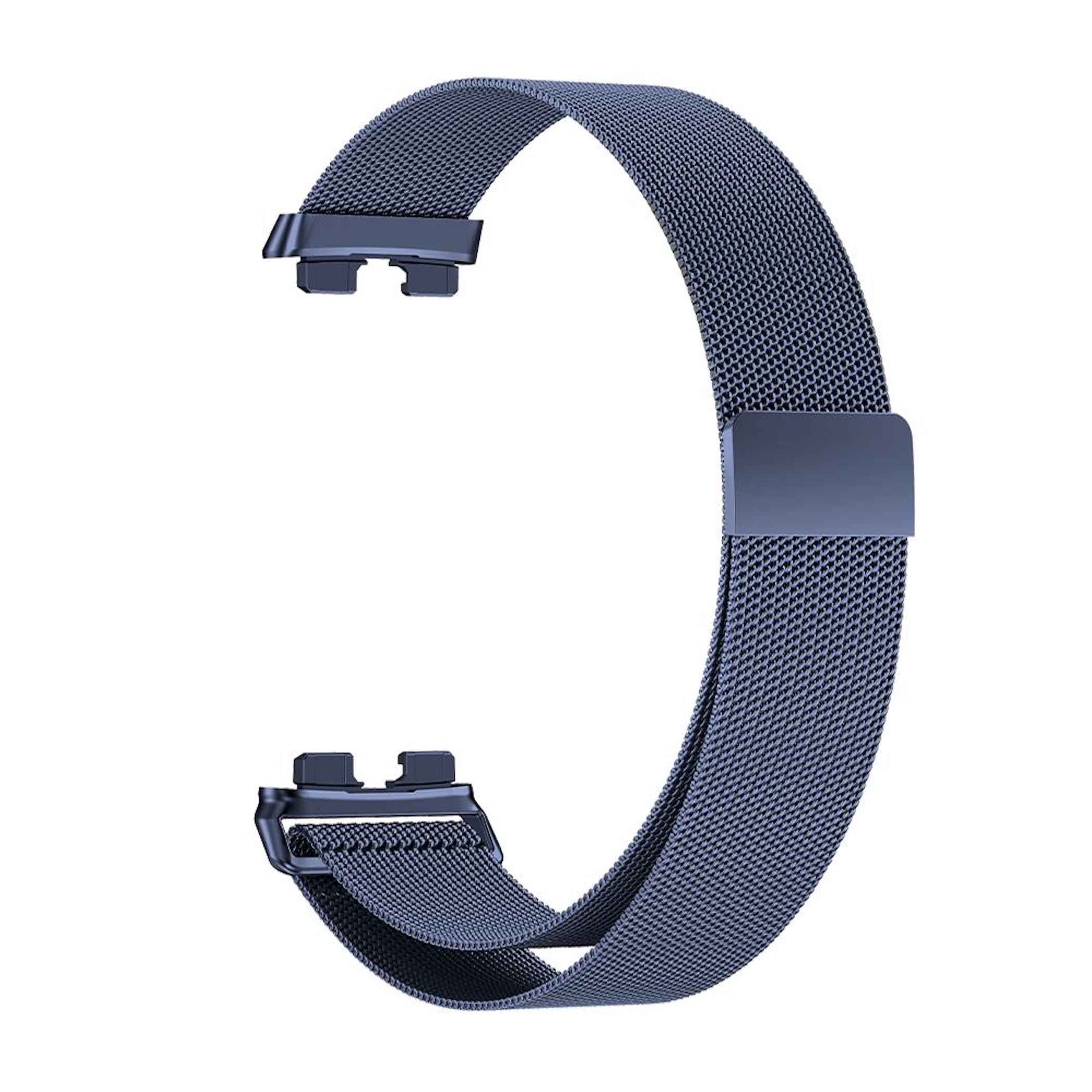 Ein dunkelblauer, metallischer Uhrenarmband mit magnetischem Verschluss.