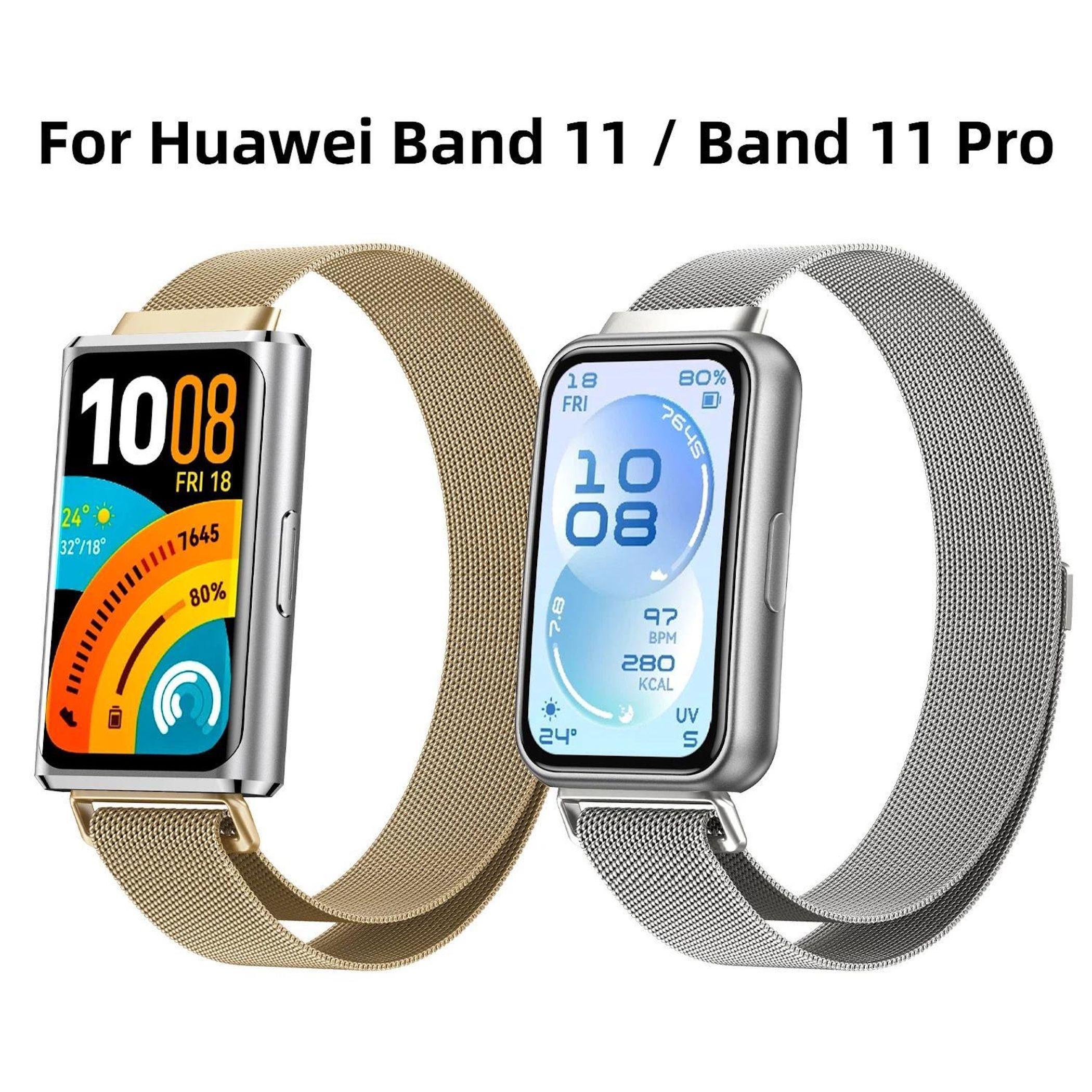 Zwei Huawei Band 11 Pro Smartwatches mit goldenen und silbernen Armbändern.